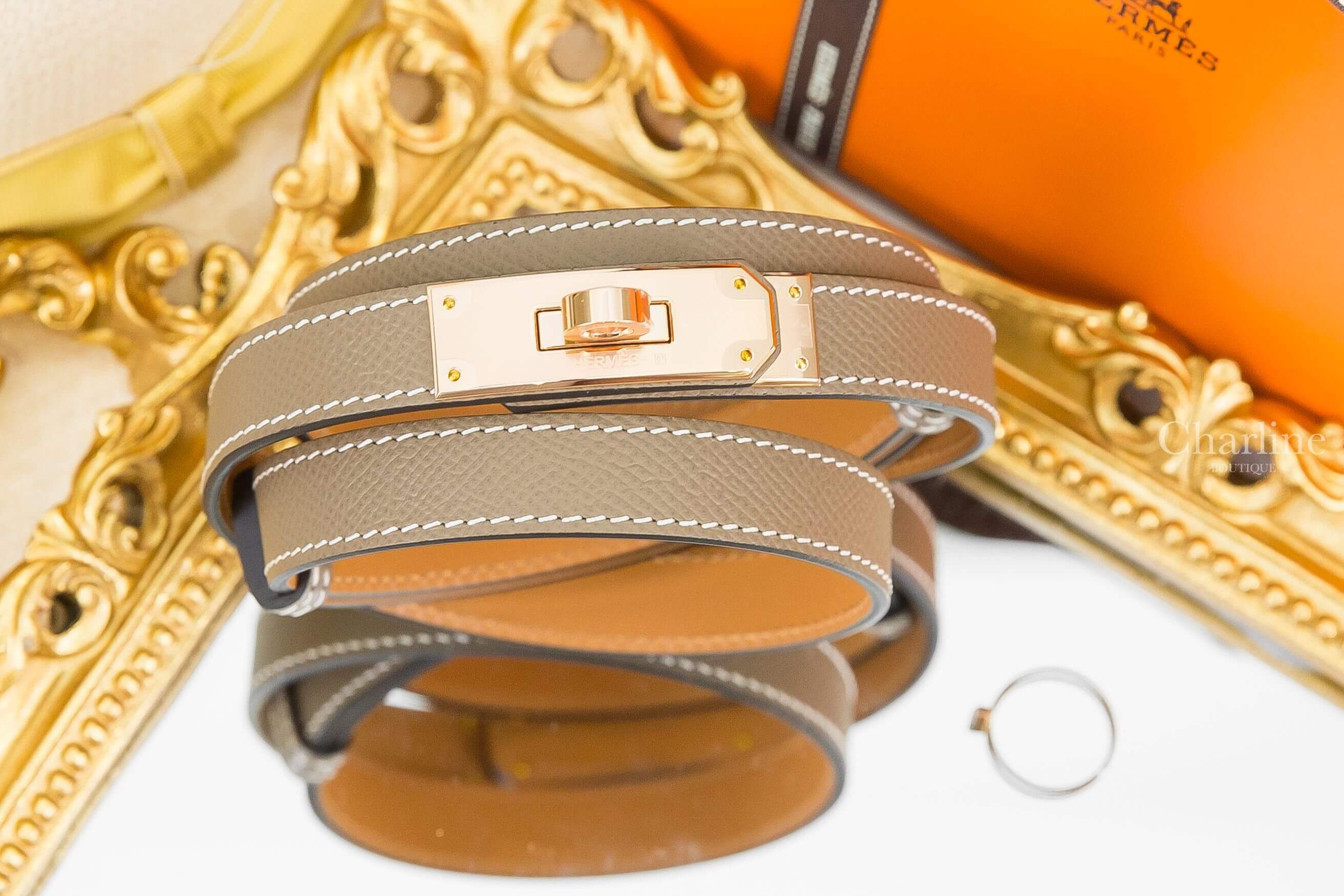 Hermès Kelly 18 Belt 大象灰牛皮玫瑰金扣可調式皮帶-Charline Boutique 精品代購