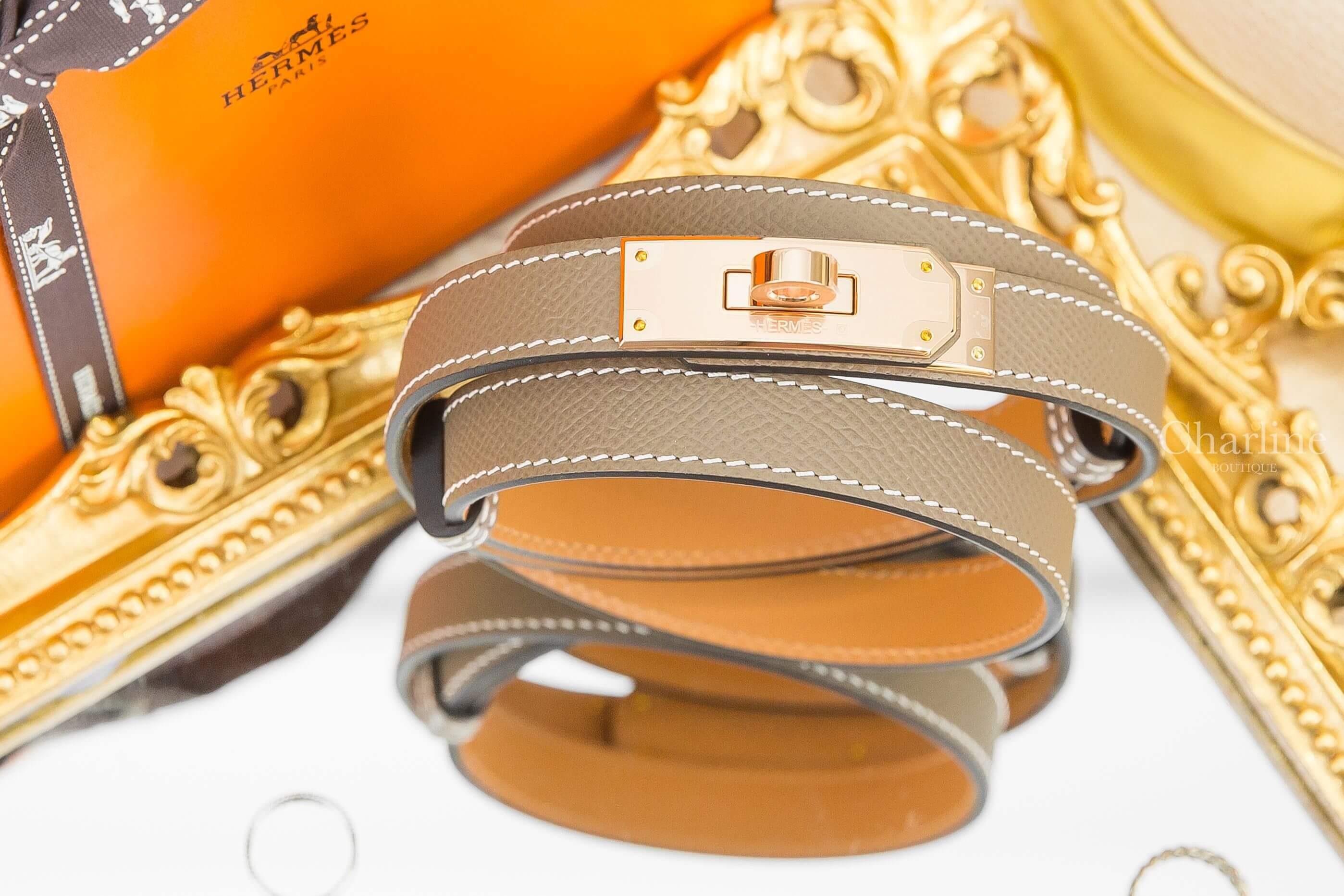 Hermès Kelly 18 Belt 大象灰牛皮玫瑰金扣可調式皮帶-Charline Boutique 精品代購