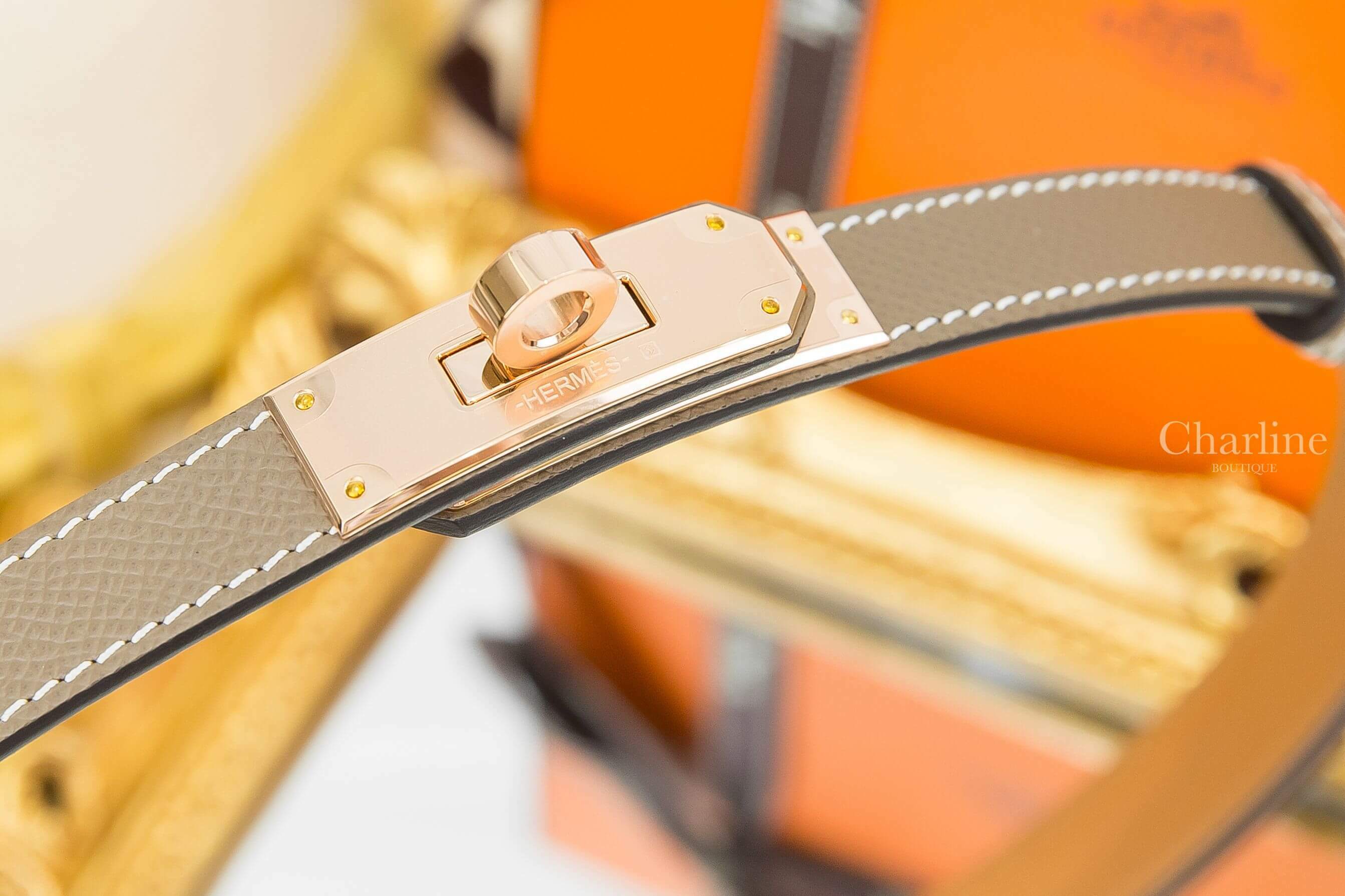 Hermès Kelly 18 Belt 大象灰小牛皮玫瑰金扣可調式皮帶