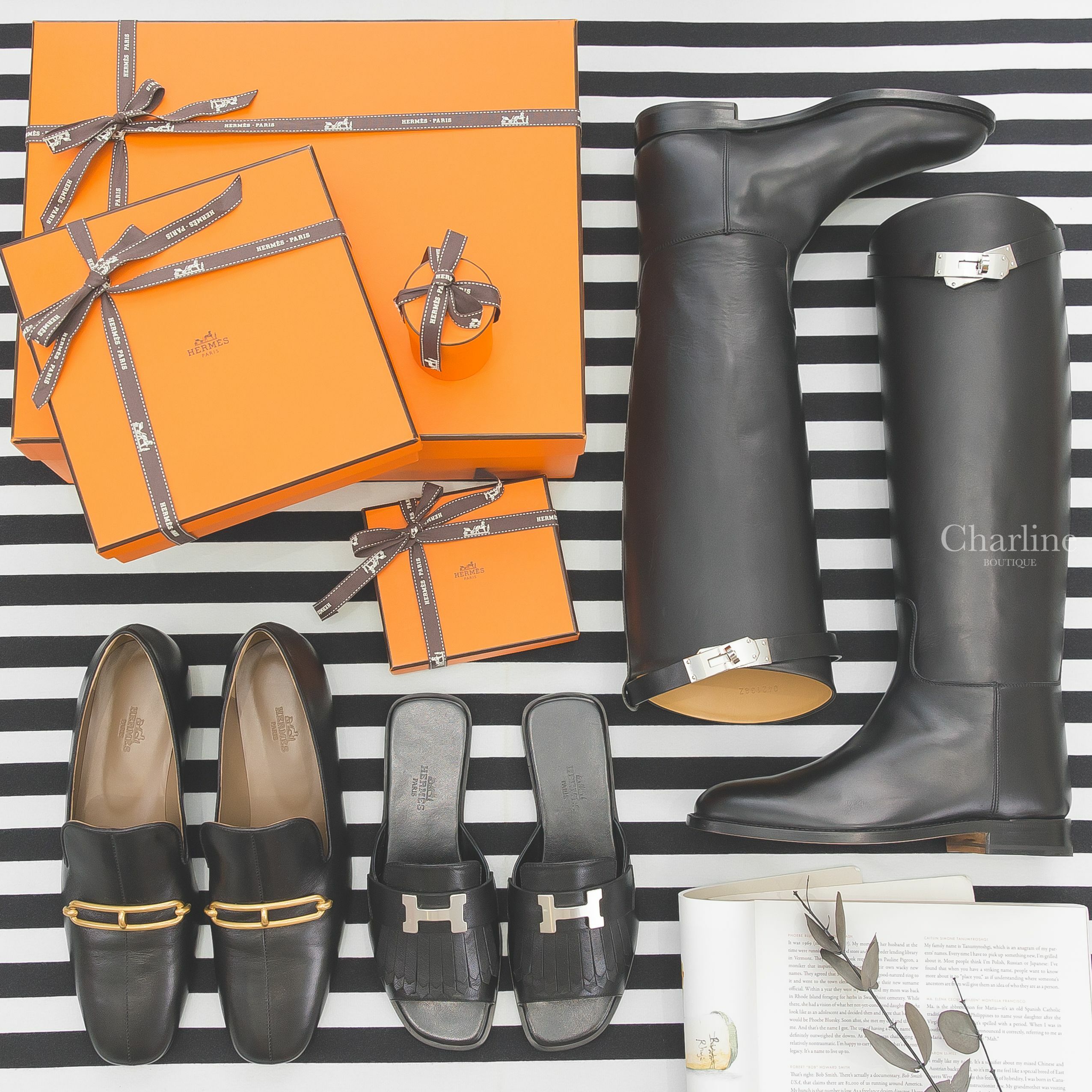 Hermès Auteuil Sandal 黑色銀釦H流蘇小牛皮平底拖鞋,Hermès Dalhia Loafer 黑色金色θ山羊皮樂福鞋,Hermès Jumping Boot 黑色銀釦牛皮長靴-Charline Boutique 精品代購