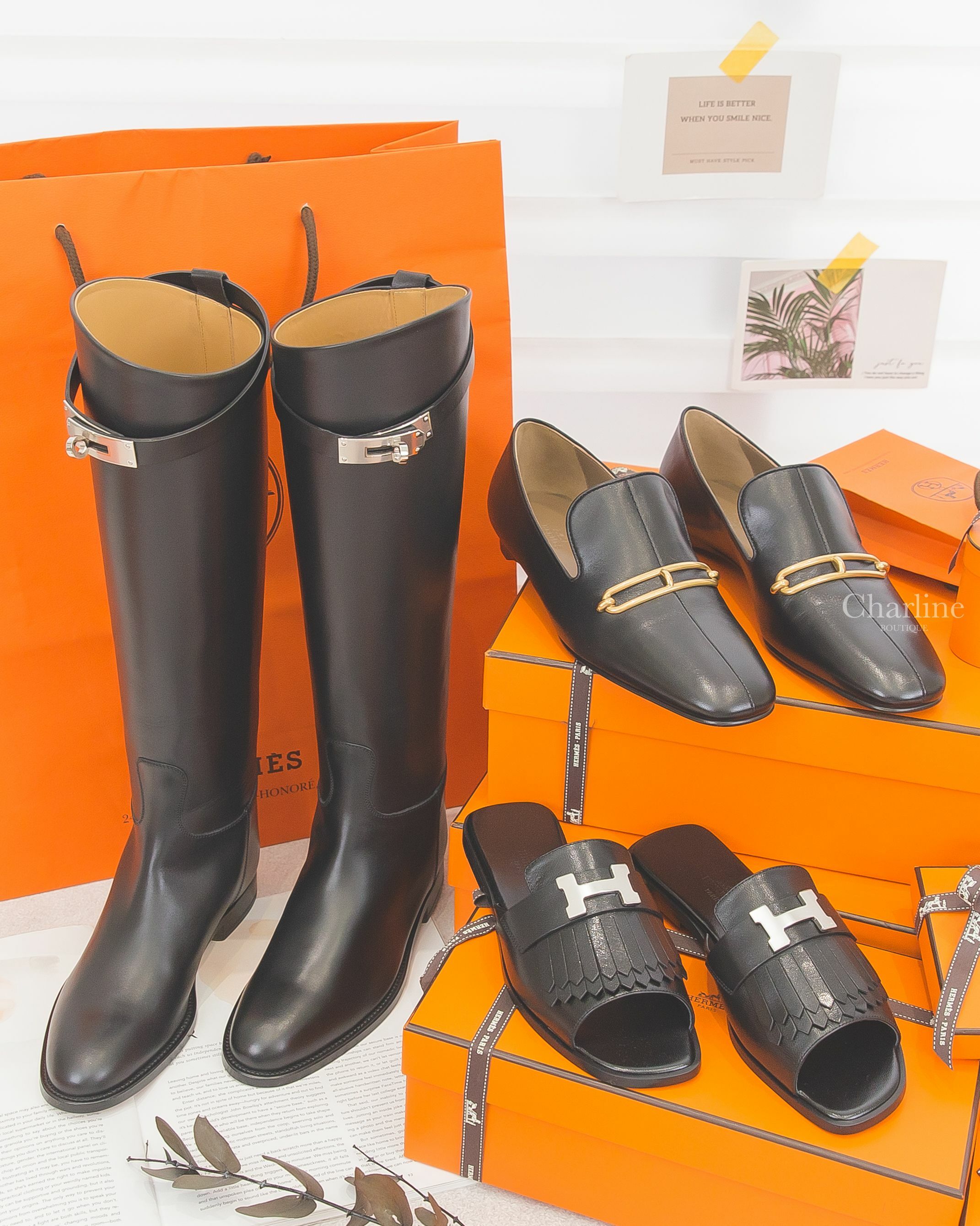 Hermès Auteuil Sandal 黑色銀釦H流蘇小牛皮平底拖鞋,Hermès Dalhia Loafer 黑色金色θ山羊皮樂福鞋,Hermès Jumping Boot 黑色銀釦牛皮長靴-Charline Boutique 精品代購