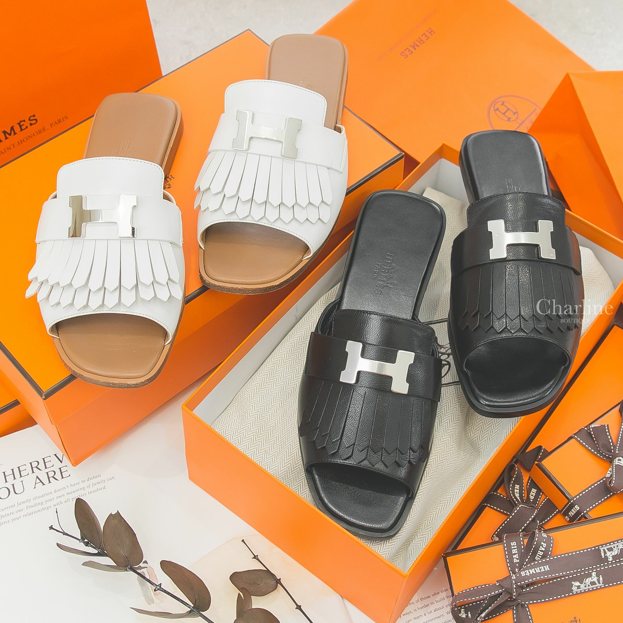 Hermès Auteuil Sandal 黑色銀釦H流蘇小牛皮平底拖鞋,Hermès Auteuil Sandal 白色銀釦H流蘇小牛皮平底拖鞋-Charline Boutique 精品代購