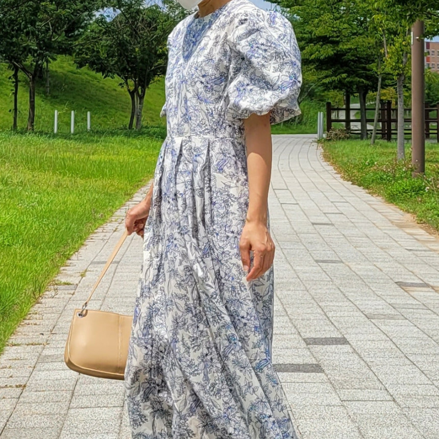 韓國製🇰🇷OP2091 圖騰花紋泡泡袖長裙