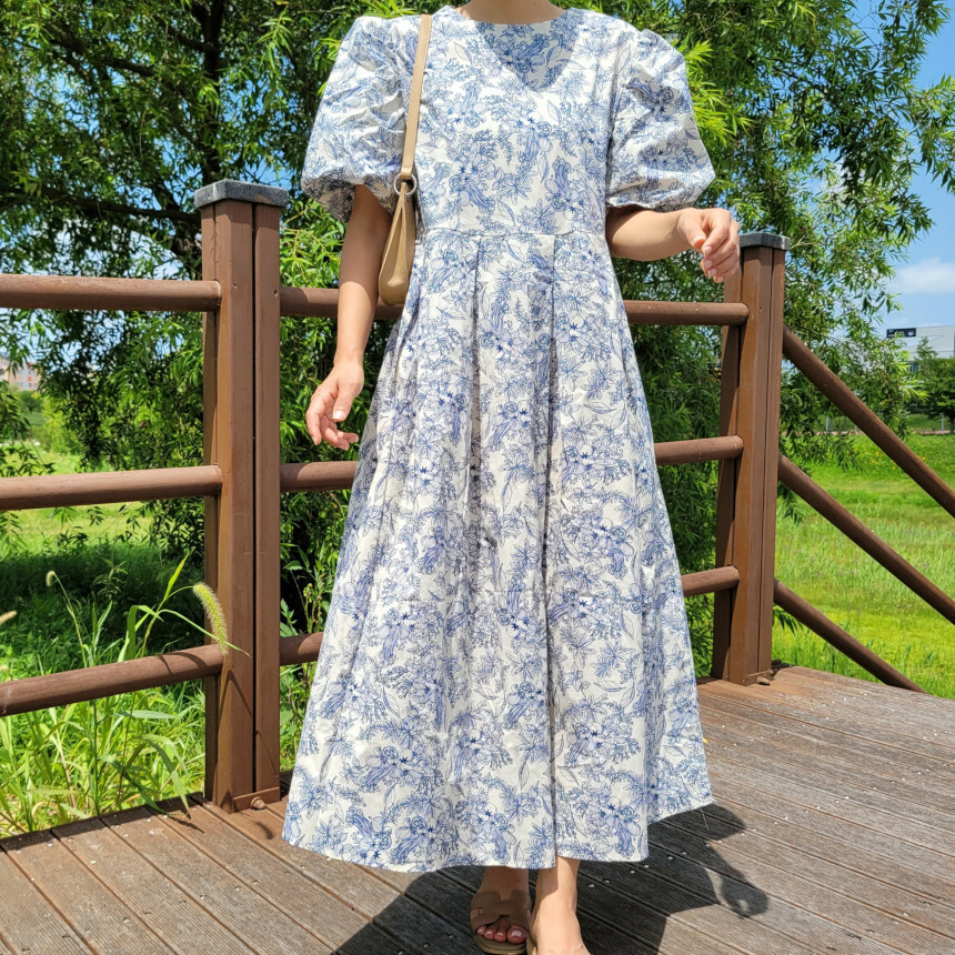 韓國製🇰🇷OP2091 圖騰花紋泡泡袖長裙