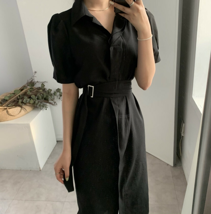 韓國製🇰🇷OP2093 短袖企領長裙連腰帶