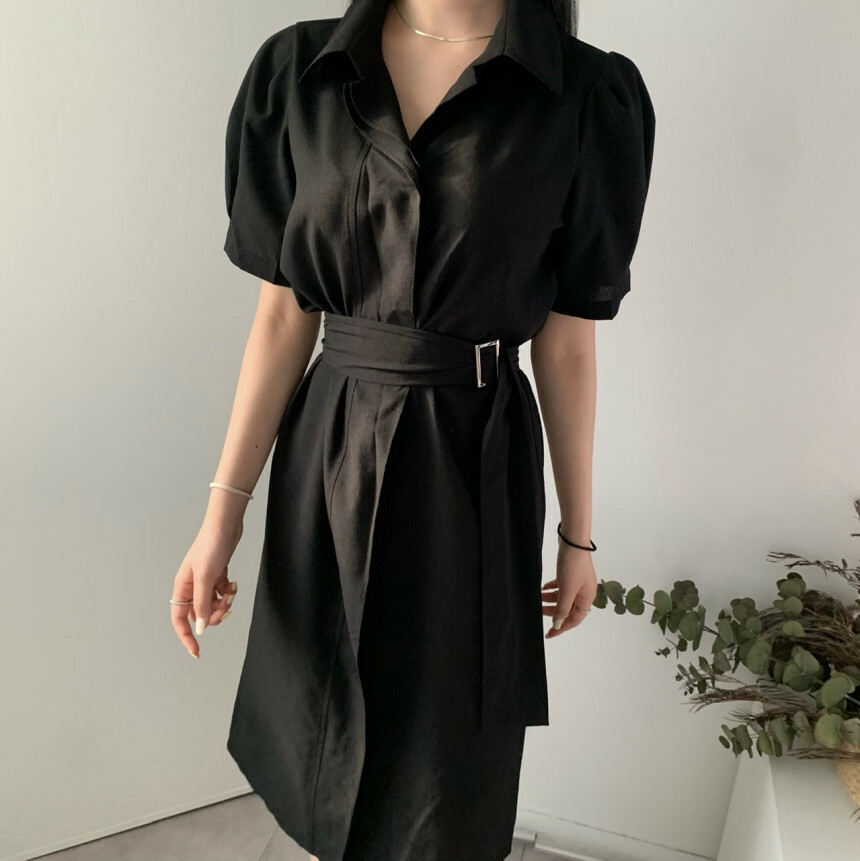 韓國製🇰🇷OP2093 短袖企領長裙連腰帶