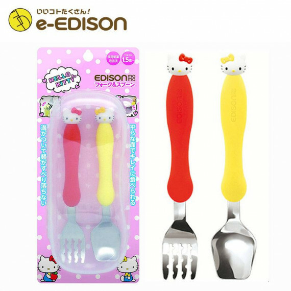 日本製 EDISON 不銹鋼幼兒學習湯叉組/叉匙 hello kitty(附收納盒)
