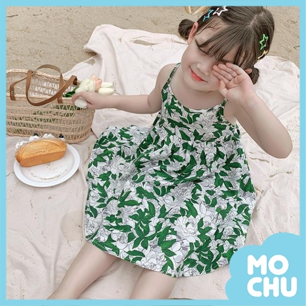 牡丹綠葉無袖連衣裙