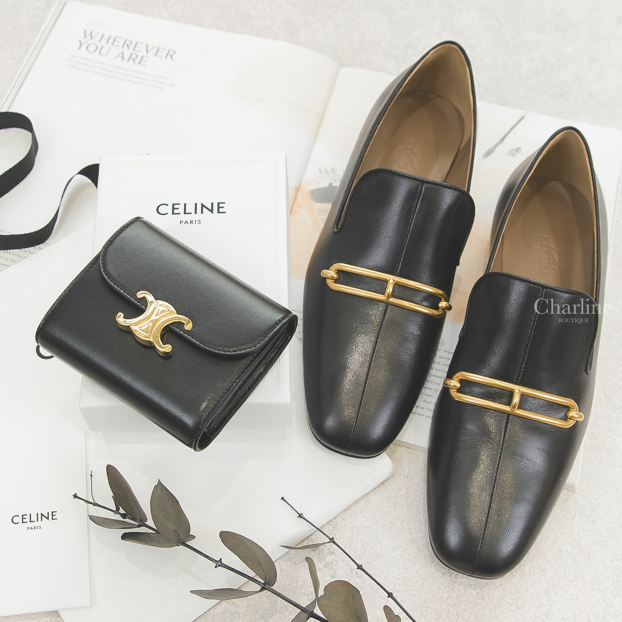 Celine Small Triomphe Wallet In Shiny Smooth Lambskin 黑色羊皮凱旋門金釦三折短夾,Hermès Dalhia Loafer 黑色金色θ山羊皮樂福鞋-Charline Boutique 精品代購