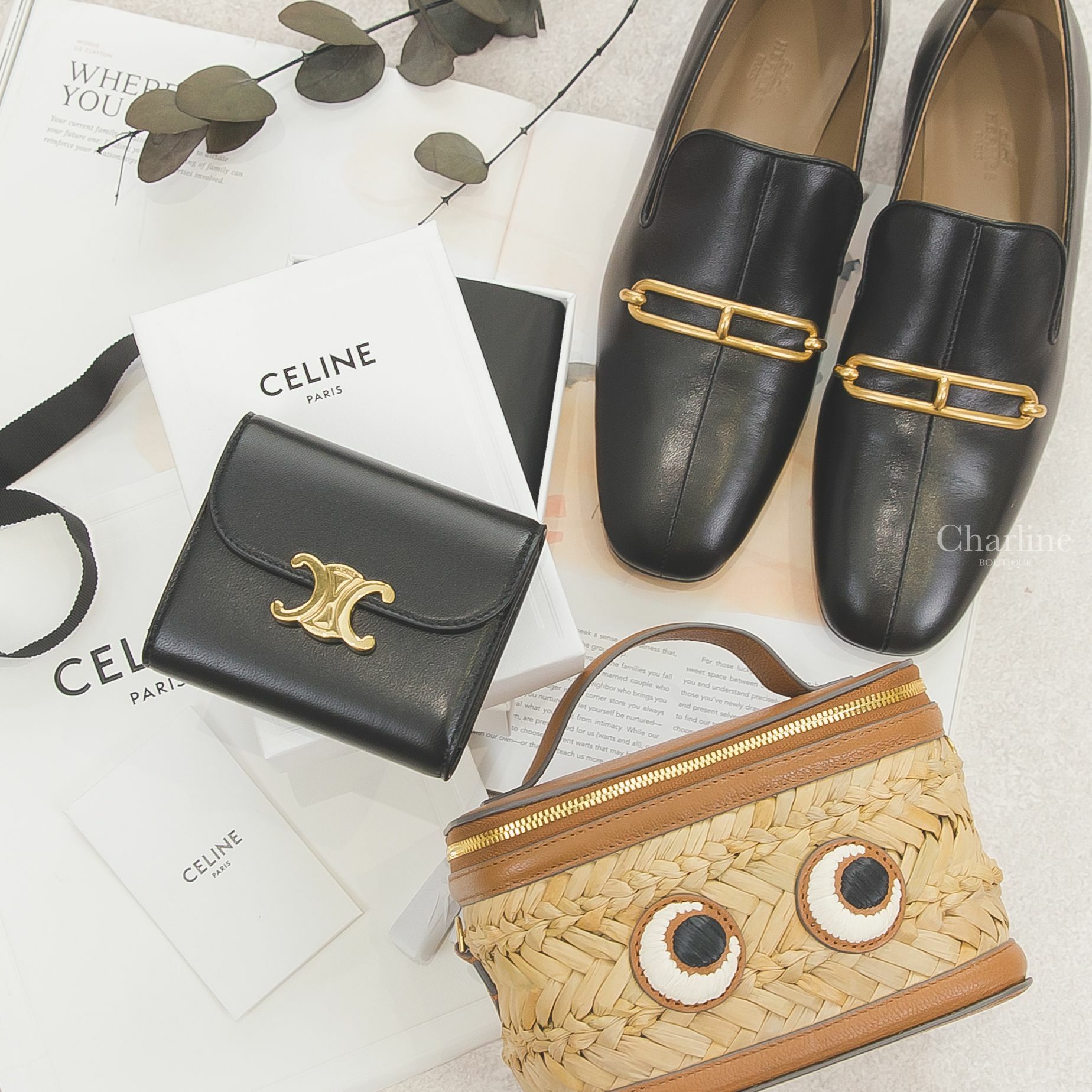 Celine Small Triomphe Wallet In Shiny Smooth Lambskin 黑色羊皮凱旋門金釦三折短夾,Hermès Dalhia Loafer 黑色金色θ山羊皮樂福鞋-Charline Boutique 精品代購
