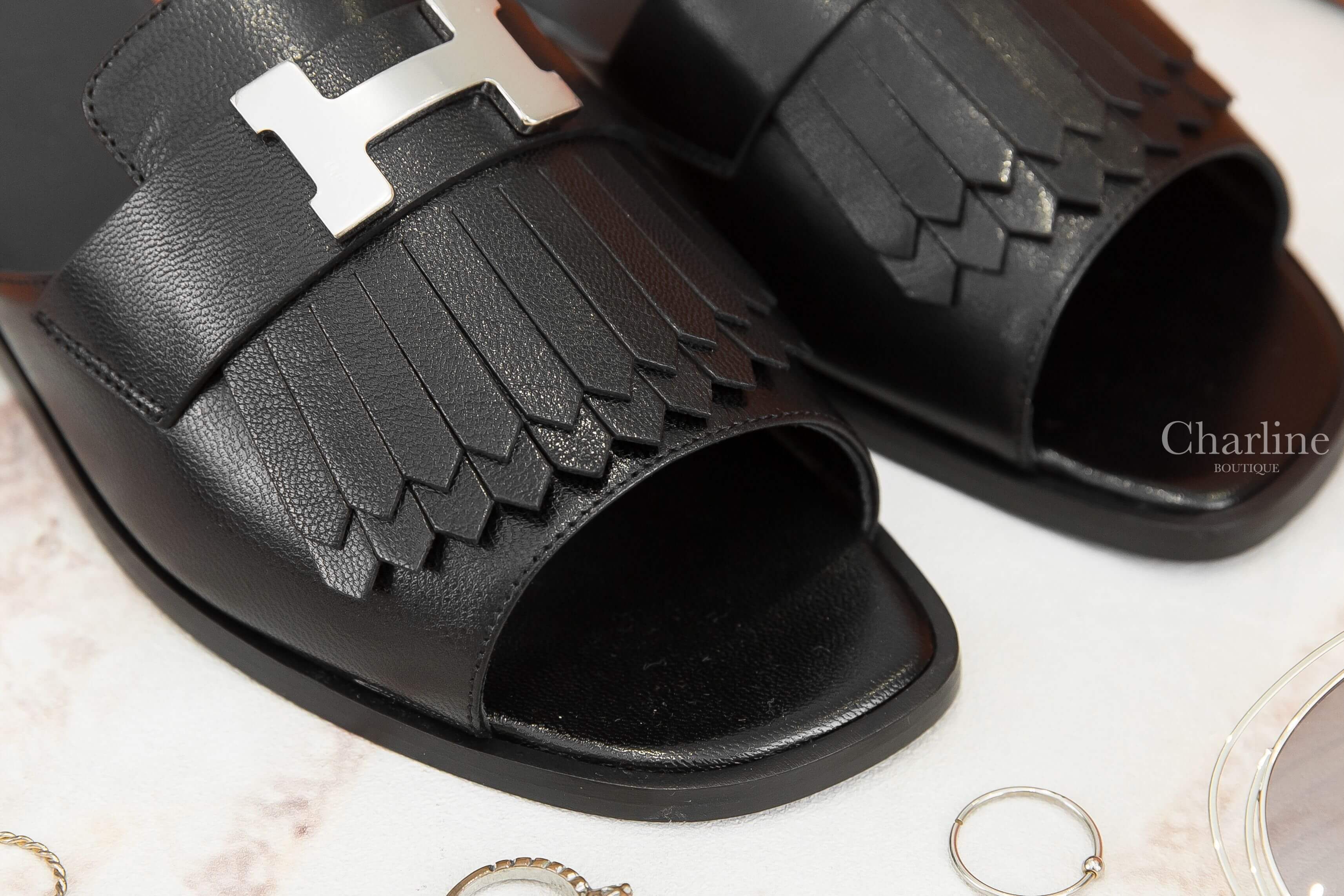 Hermès Auteuil Sandal 黑色銀釦H流蘇小牛皮平底拖鞋