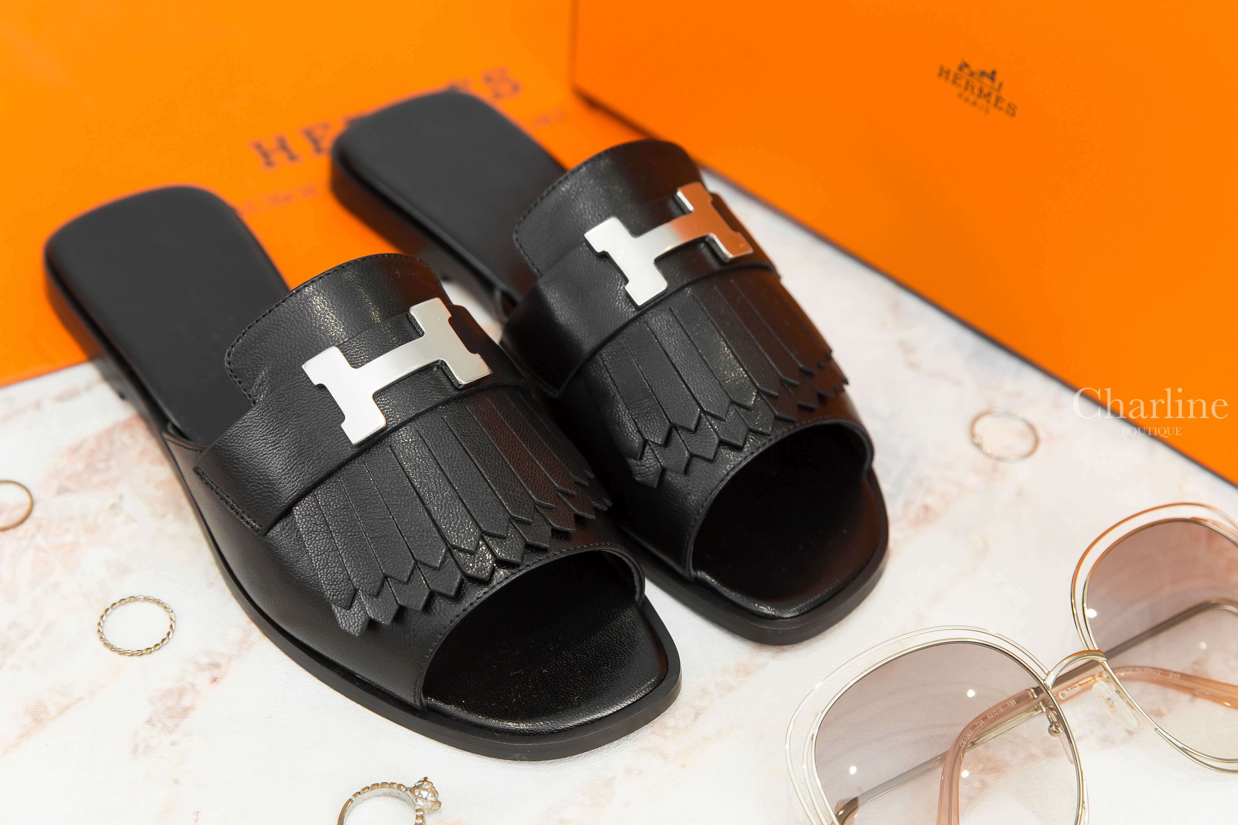 Hermès Auteuil Sandal 黑色銀釦H流蘇小牛皮平底拖鞋
