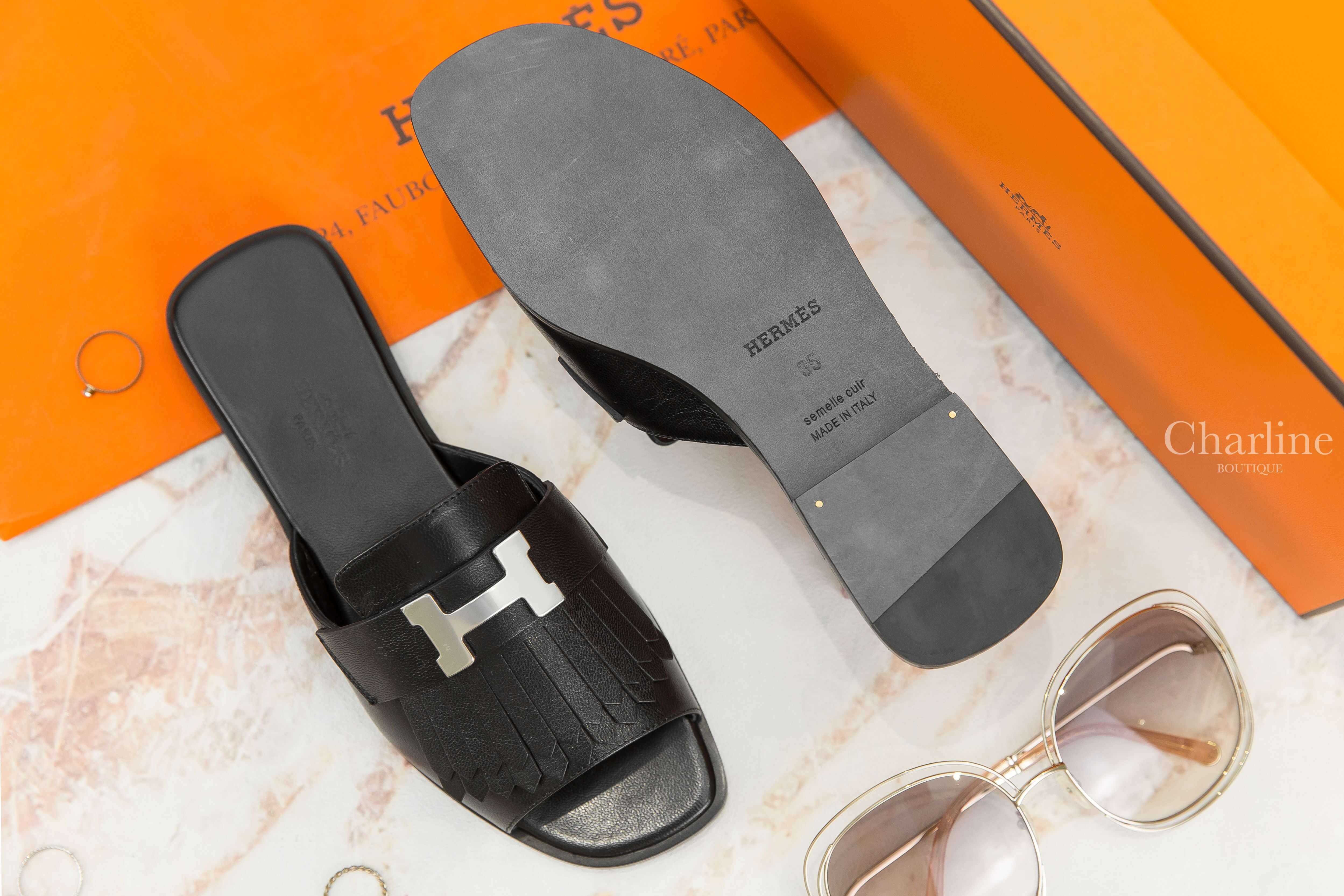 Hermès Auteuil Sandal 黑色銀釦H流蘇小牛皮平底拖鞋-Charline Boutique 精品代購