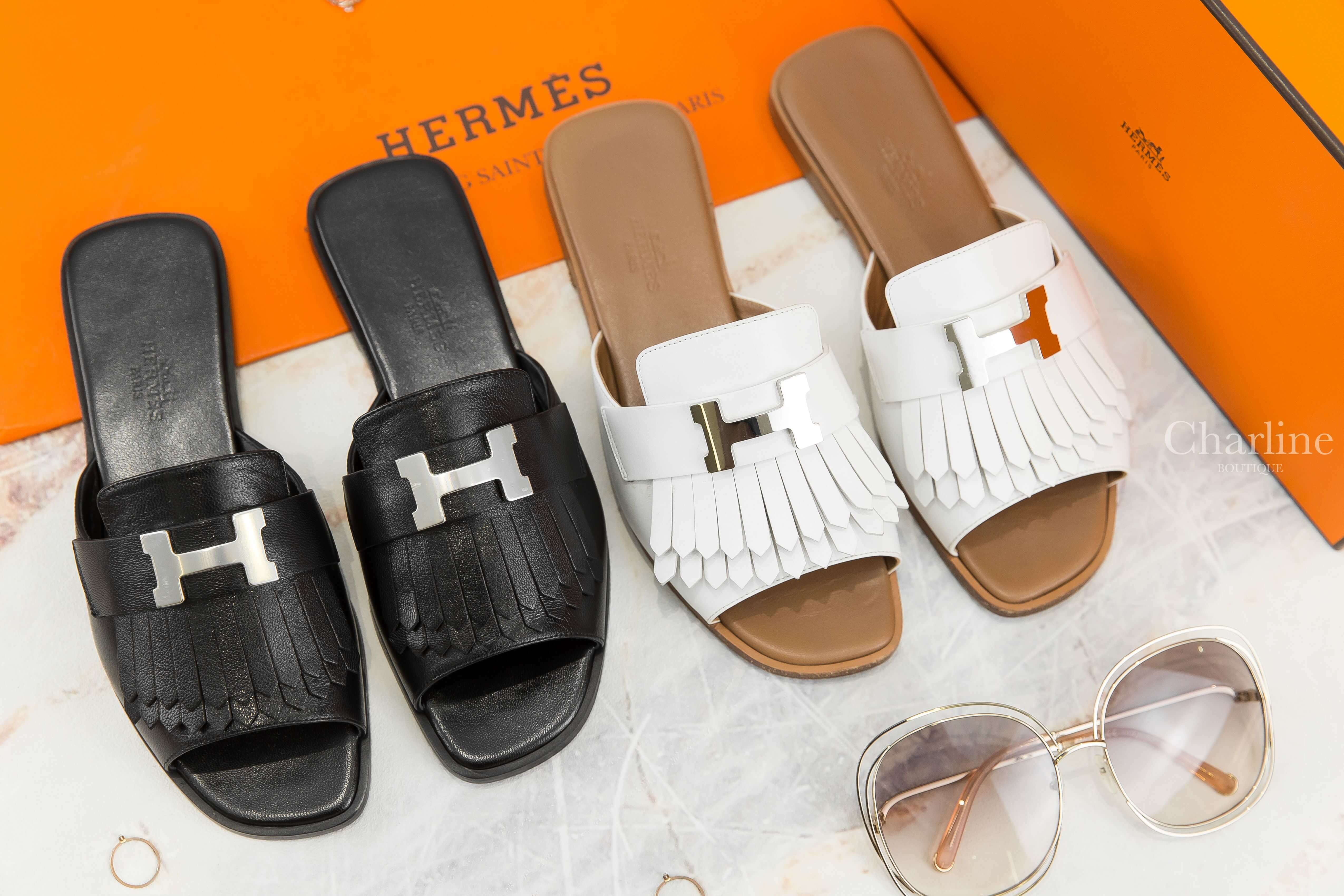 Hermès Auteuil Sandal 黑色銀釦H流蘇小牛皮平底拖鞋,Hermès Auteuil Sandal 白色銀釦H流蘇小牛皮平底拖鞋-Charline Boutique 精品代購