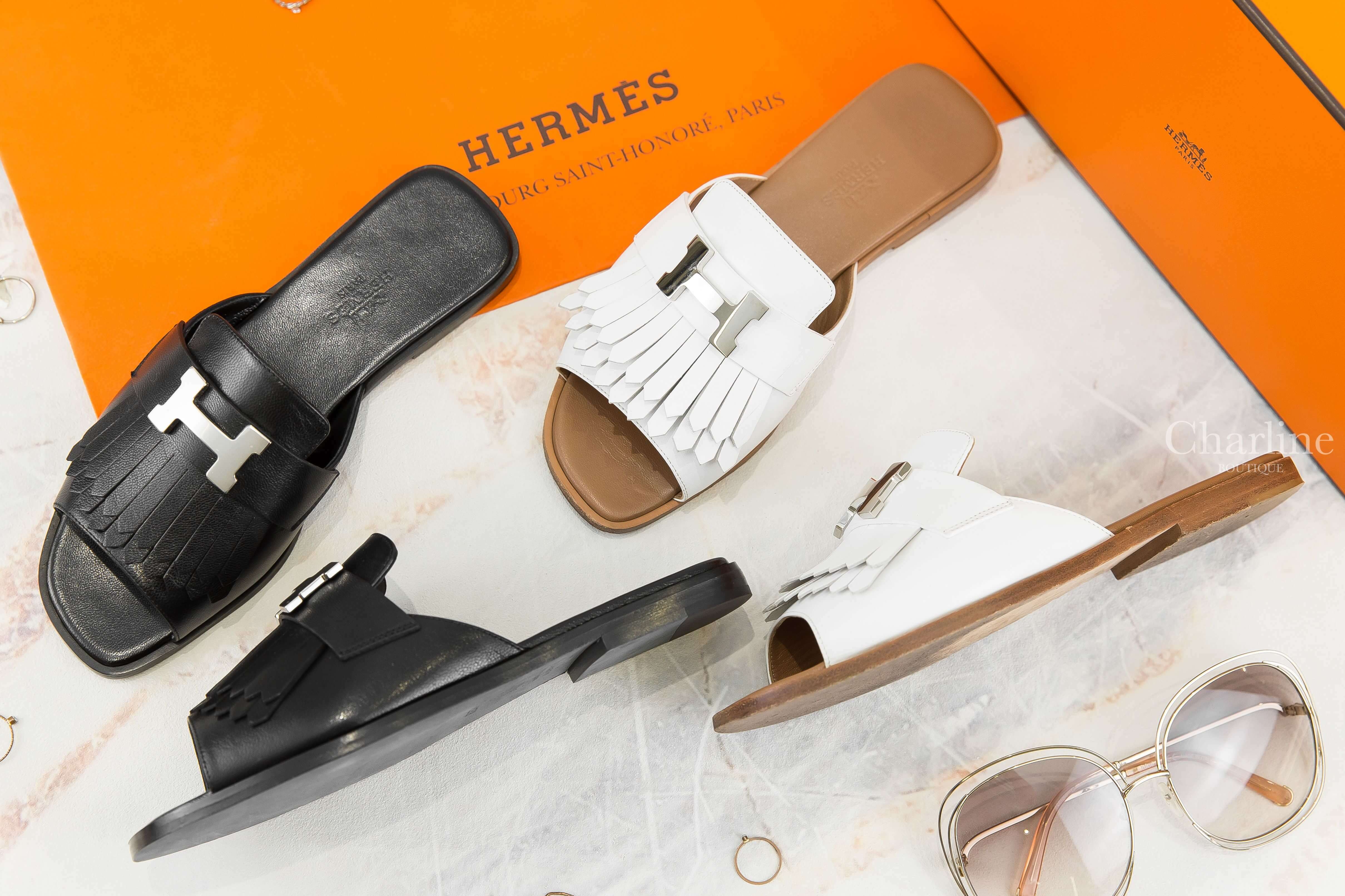 Hermès Auteuil Sandal 黑色銀釦H流蘇小牛皮平底拖鞋,Hermès Auteuil Sandal 白色銀釦H流蘇小牛皮平底拖鞋-Charline Boutique 精品代購