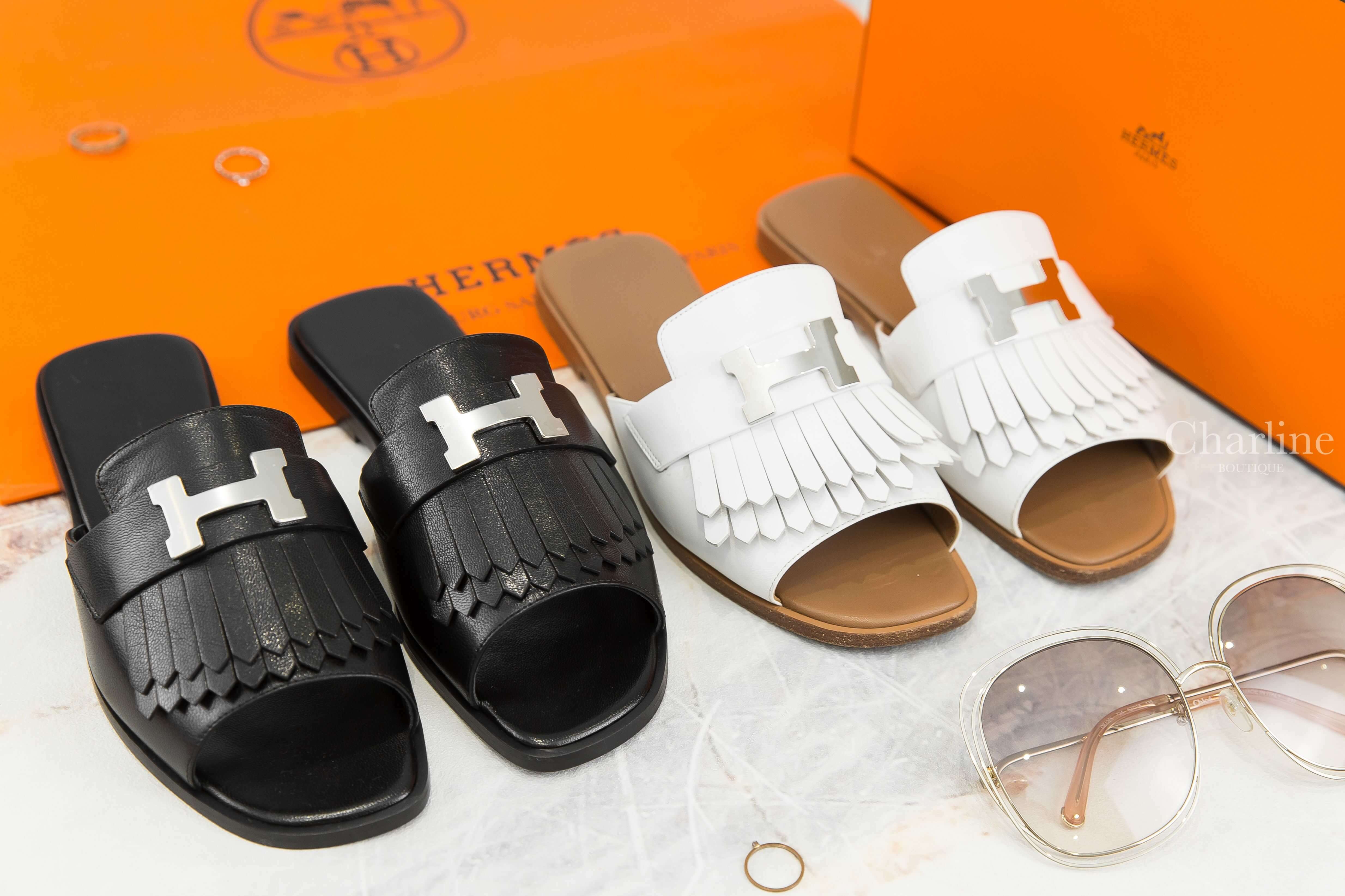 Hermès Auteuil Sandal 黑色銀釦H流蘇小牛皮平底拖鞋,Hermès Auteuil Sandal 白色銀釦H流蘇小牛皮平底拖鞋-Charline Boutique 精品代購