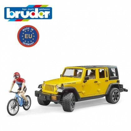 Bruder Jeep Wrangler Rubicon With Mountain Bike And Cyclist BUR02543
