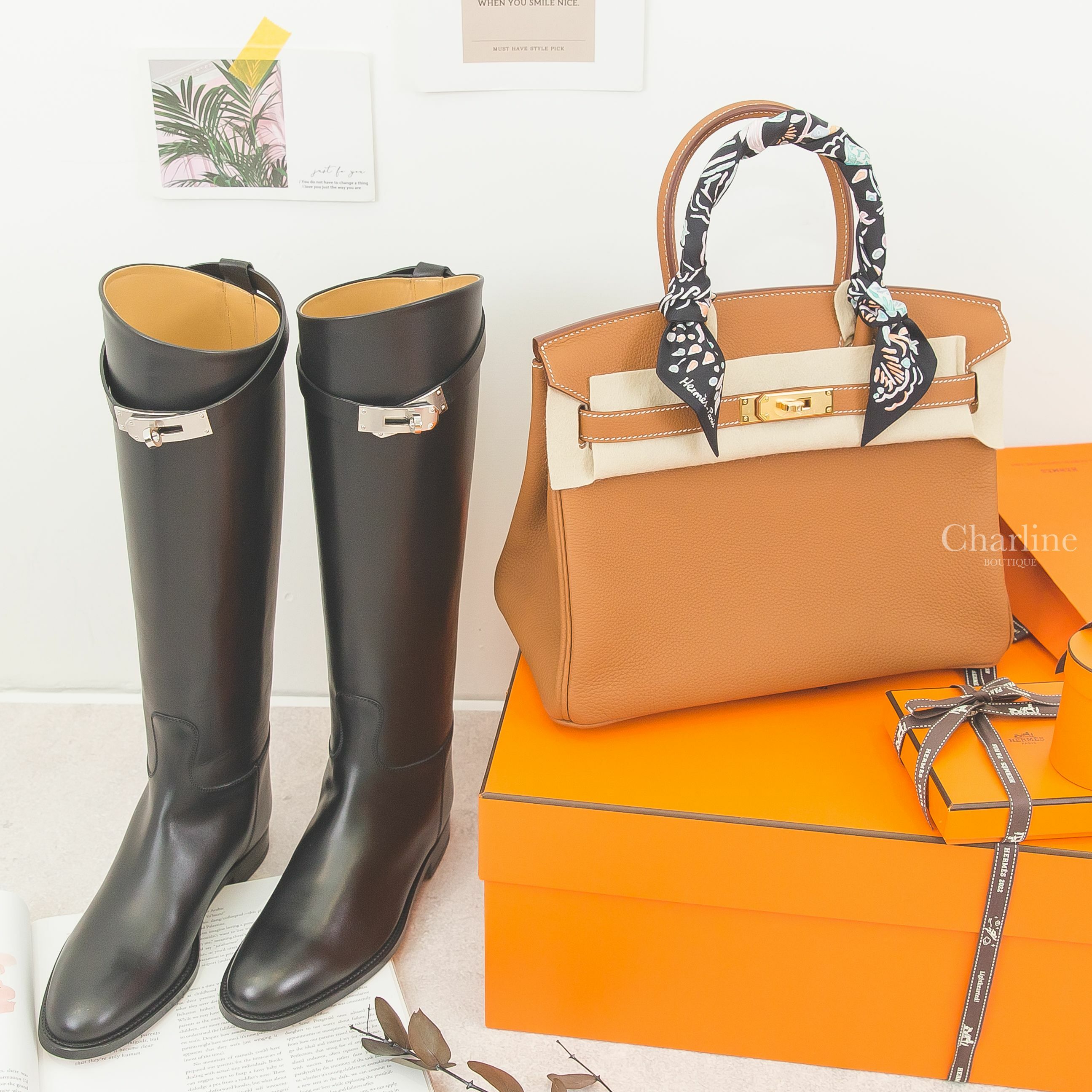 Hermès Jumping Boot 黑色銀釦牛皮長靴,Hermès Twilly 黑色/綠色/玫瑰粉春天島嶼絲巾,Hermès Birkin 30cm 37 Gold Togo 焦糖色金釦鉑金包-Charline Boutique 精品代購