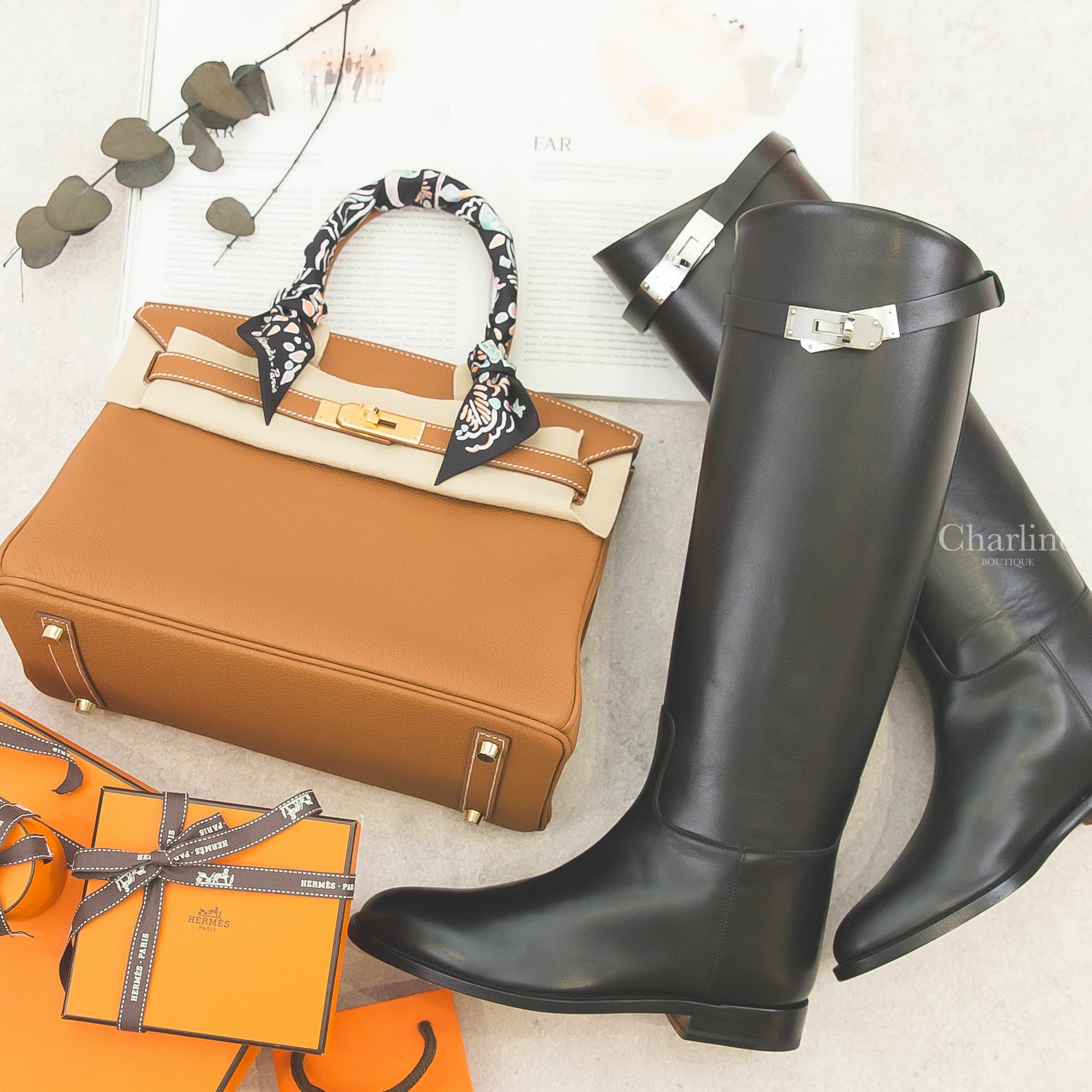 Hermès Jumping Boot 黑色銀釦牛皮長靴,Hermès Twilly 黑色/綠色/玫瑰粉春天島嶼絲巾,Hermès Birkin 30cm 37 Gold Togo 焦糖色金釦鉑金包-Charline Boutique 精品代購