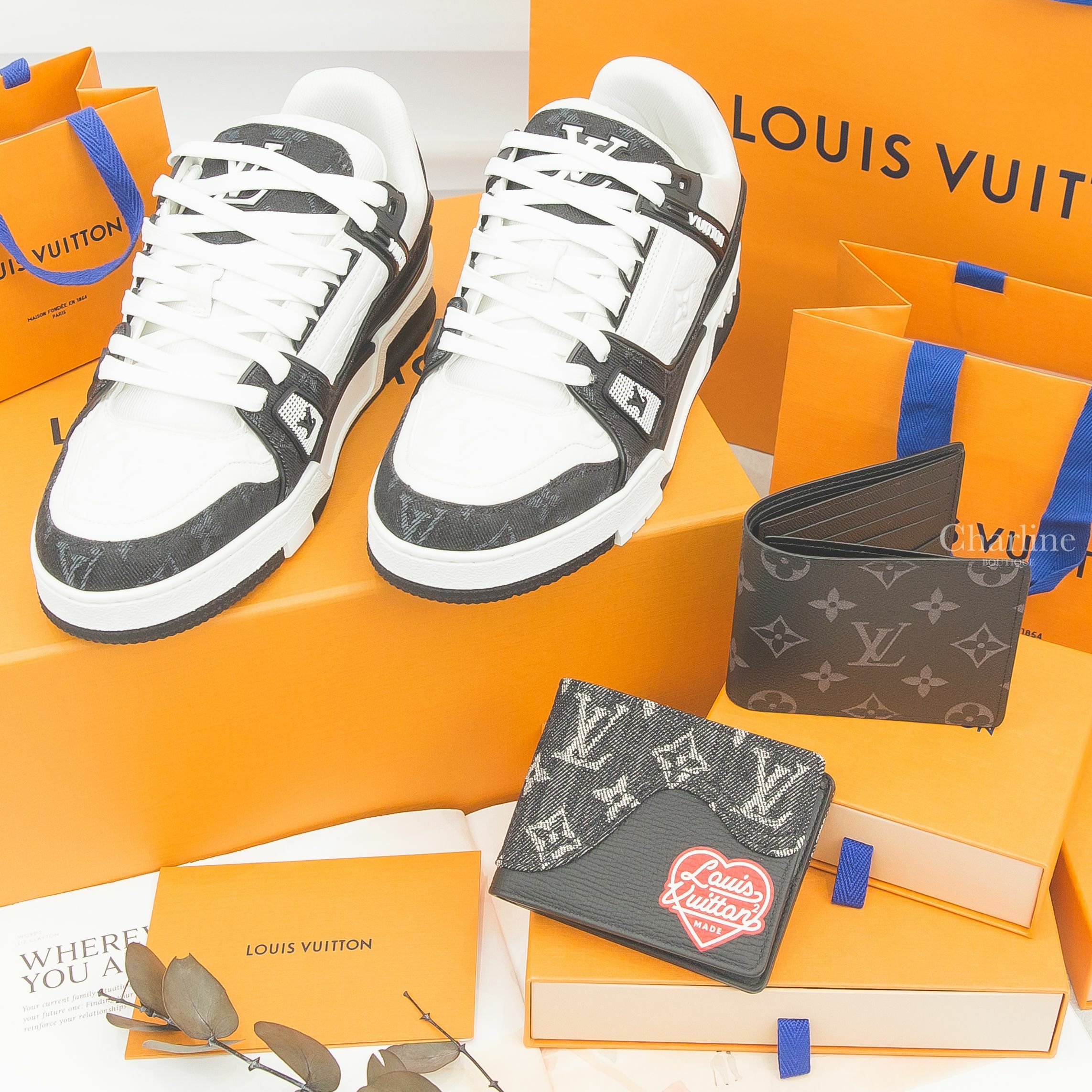 Louis Vuitton Wallet 黑色帆布老花短夾,Louis Vuitton Wallet 黑色丹寧老花紅愛心短夾,Louis Vuitton Trainers 黑底丹寧布灰色老花牛皮運動鞋-Charline Boutique 精品代購