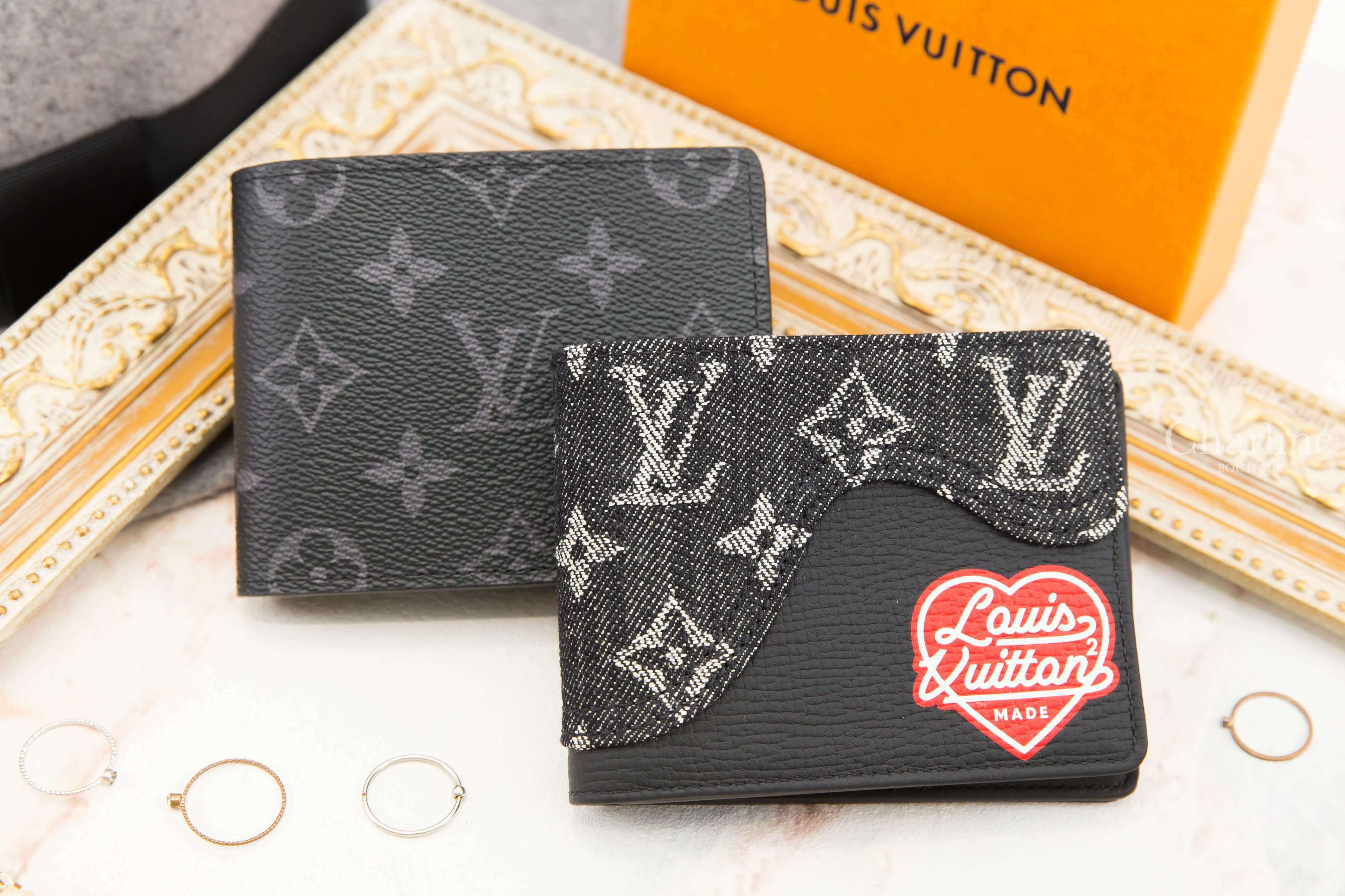 Louis Vuitton Slender Wallet 黑色帆布老花短夾,Louis Vuitton Slender Wallet 聯名款黑色丹寧老花拼牛皮紅色愛心印花短夾-Charline Boutique 精品代購