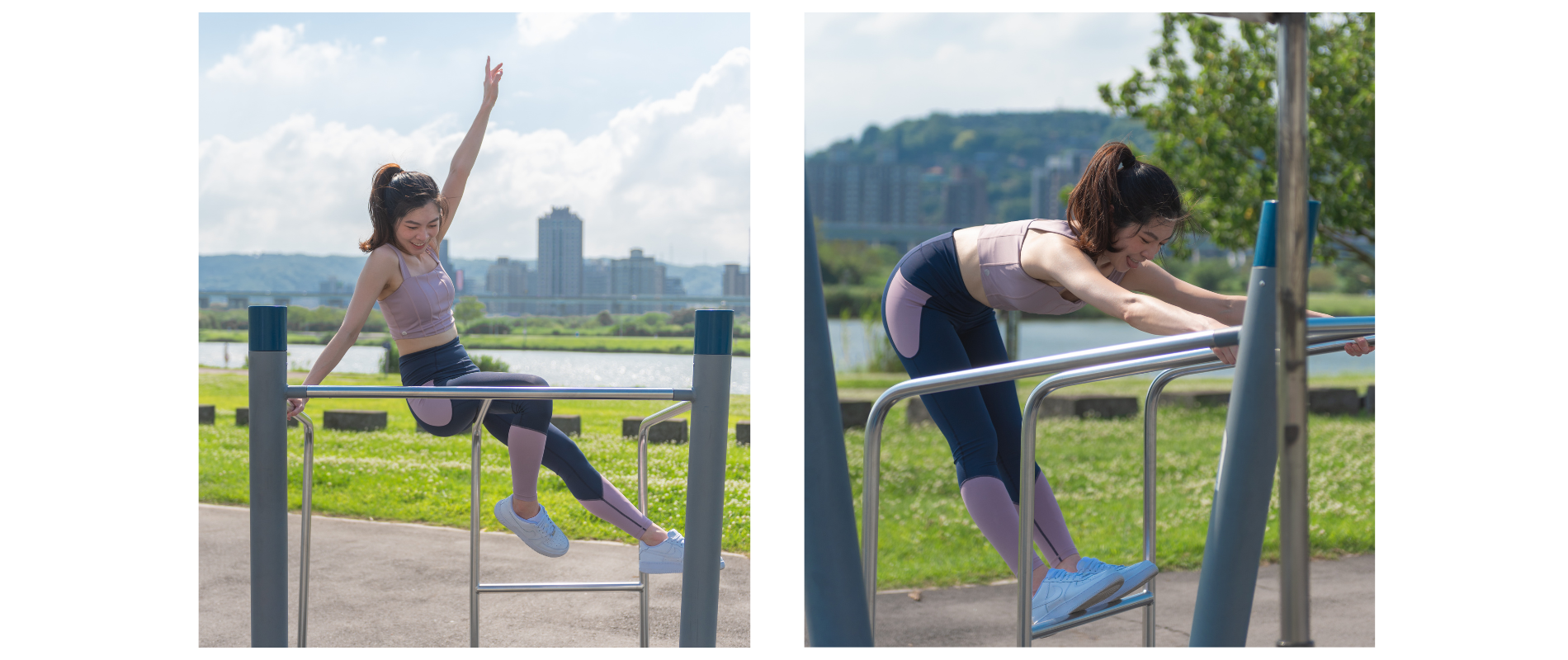 女生在公園的器材區做動作