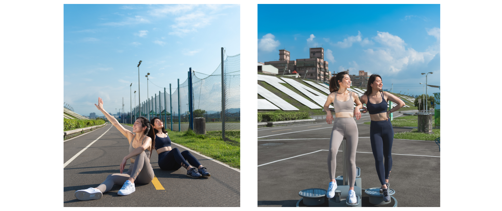 兩個女生在公園與車道上拍照