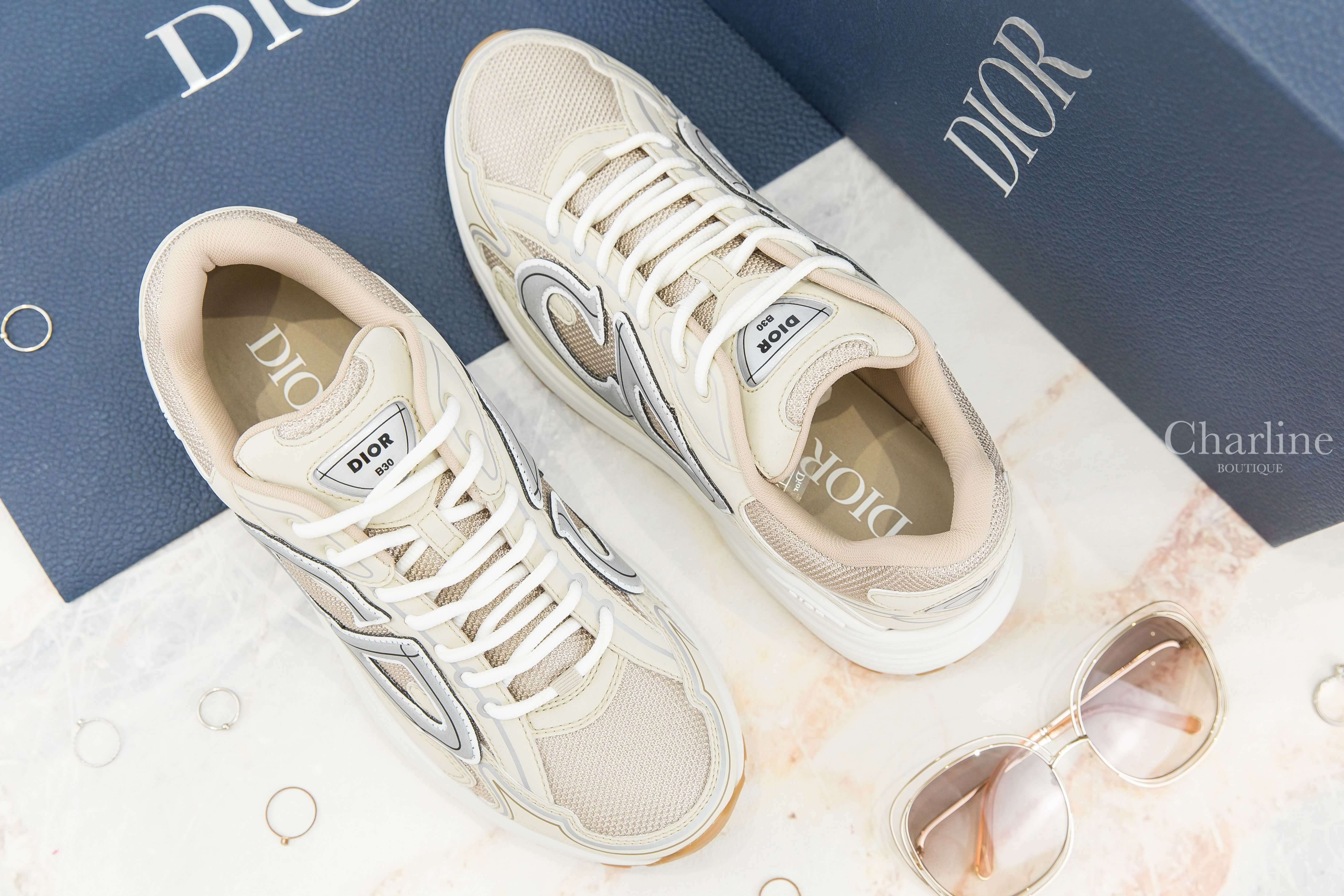 Dior B30 Sneaker 奶油色網狀布面灰色CD運動鞋-Charline Boutique 精品代購
