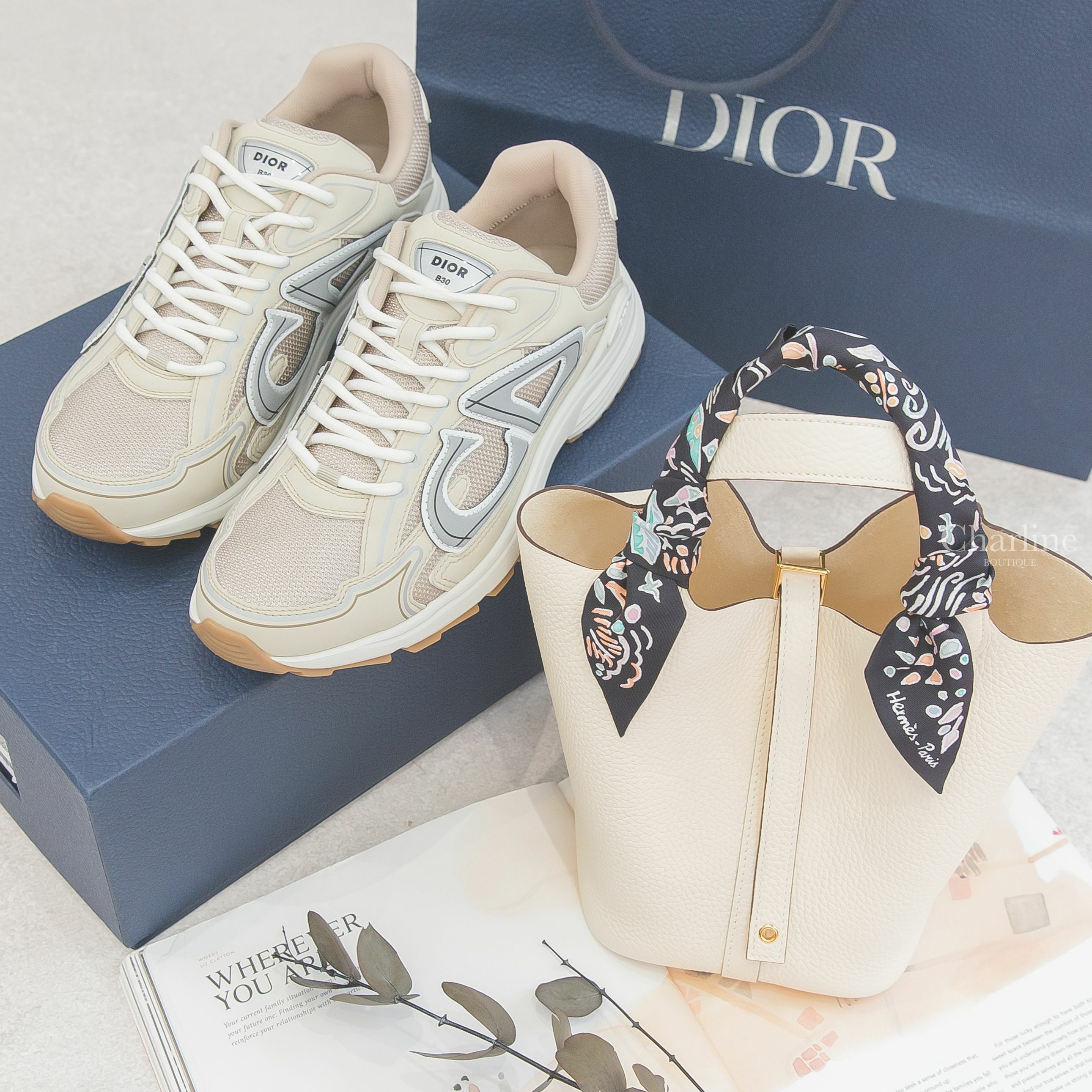 Dior Sneaker 奶油色網狀布面灰色CD運動鞋,Hermès Picotin 18cm I2 T/C 奶油白金釦,Hermès Twilly 黑色/綠色/玫瑰粉春天島嶼絲巾-Charline Boutique 精品代購