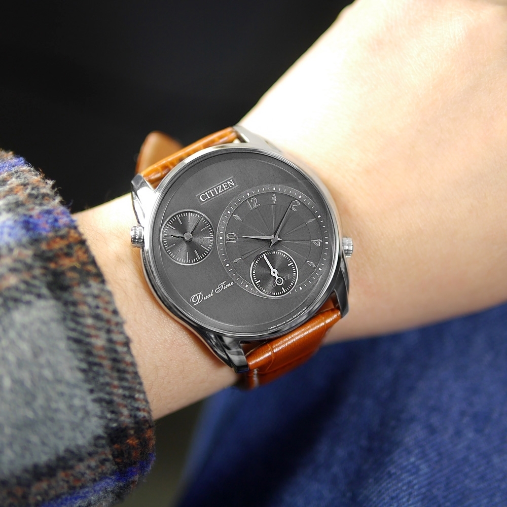 Citizen 復古 雙時 男裝 石英皮帶錶 AO3030-16H