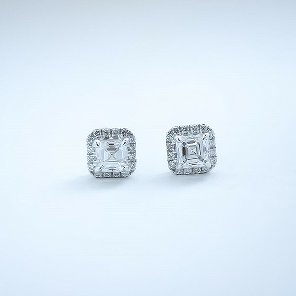 18K Asscher cut Halo Diamond Earring