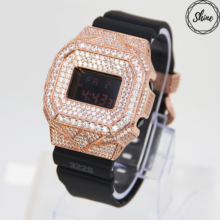 客製 DW-5600MS-1 玫瑰金色方塊鑲石金屬錶殼全套