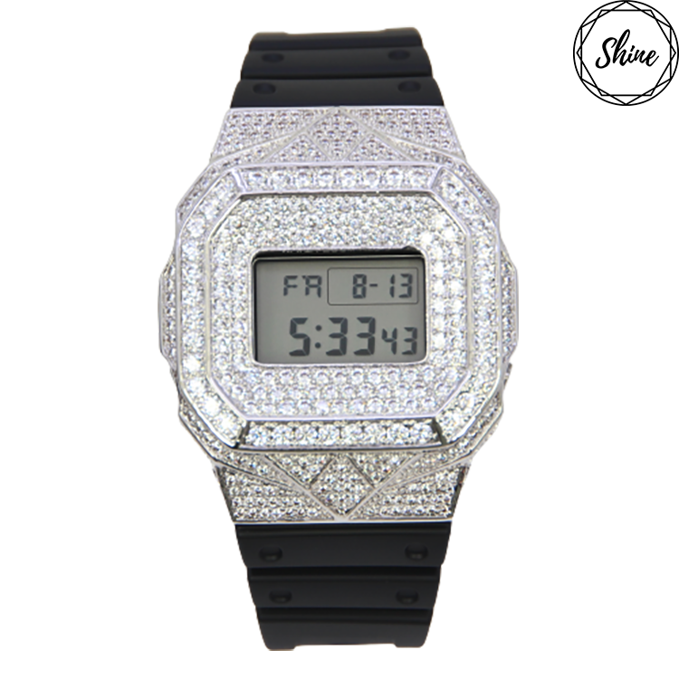 客製 DW-5600E-1 銀色方塊鑲石金屬錶殼全套