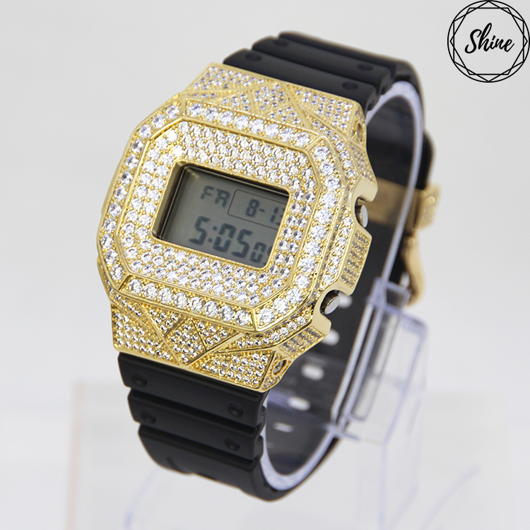 客製 DW-5600E-1 金色方塊鑲石金屬錶殼全套