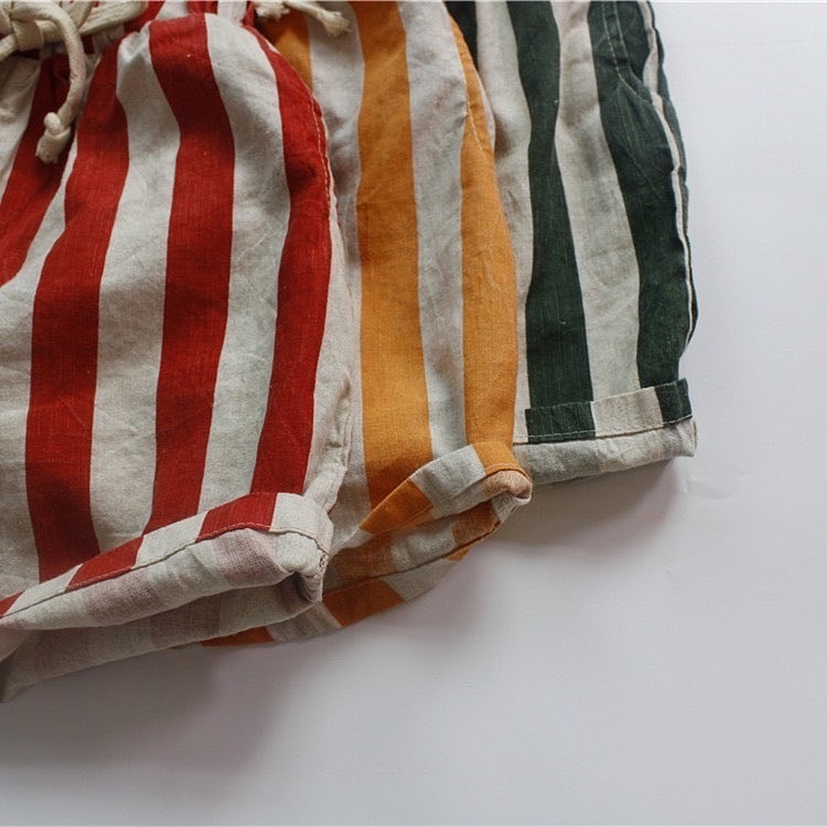 日系直條紋面棉麻五分褲