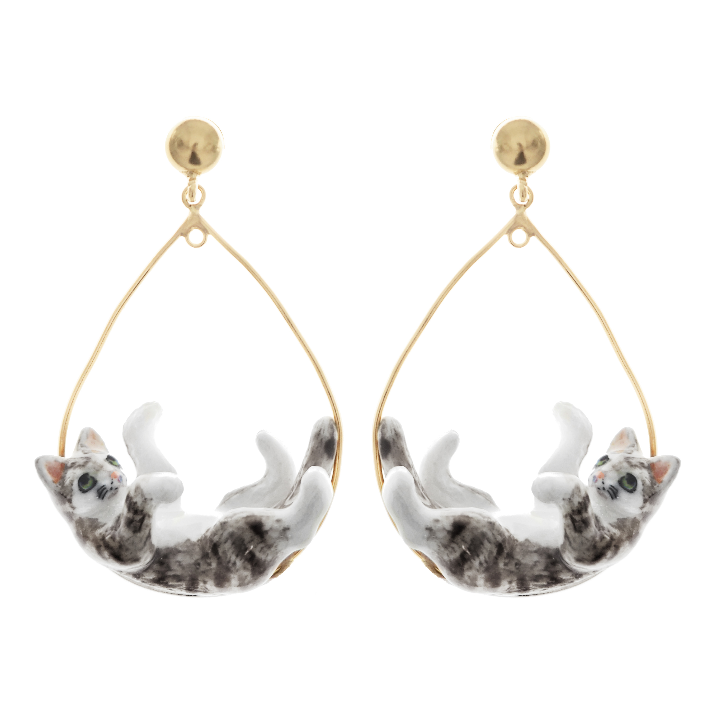NACH 俏皮灰貓水滴瓷耳環