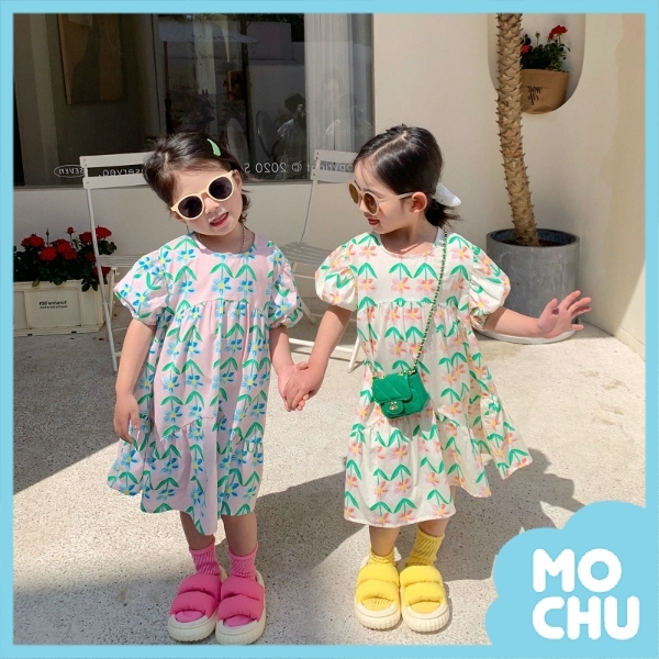 樹葉花朵短袖連衣裙(兩色)