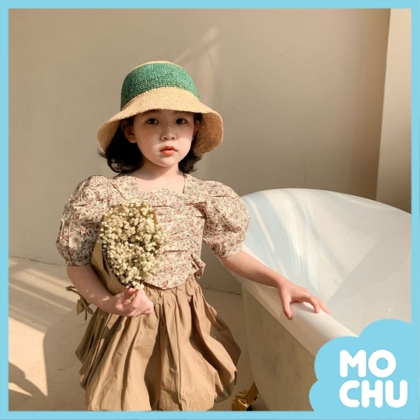 碎花泡泡袖上衣+花苞裙套裝