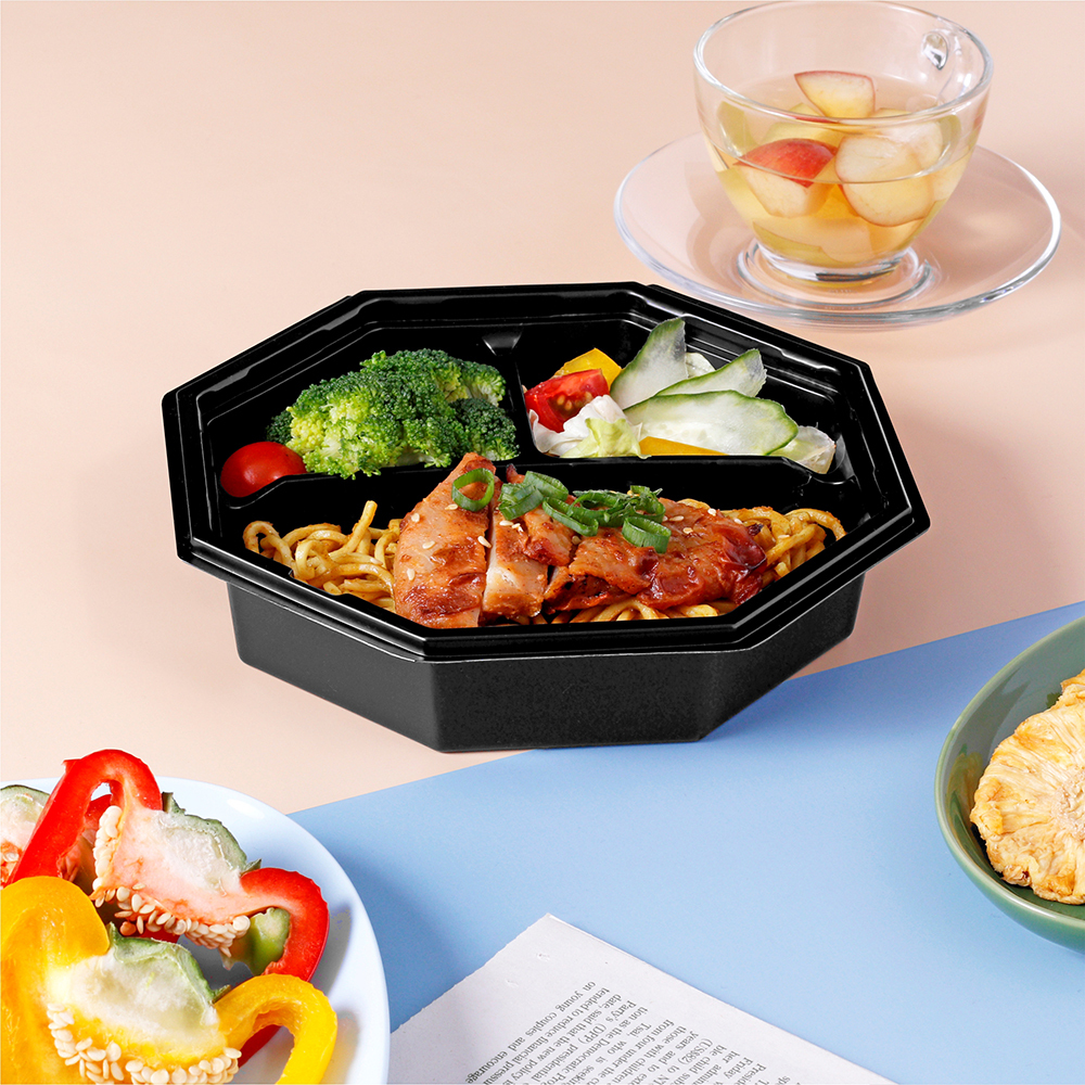 塑膠八角型便當盒 三分格 800ml 35號