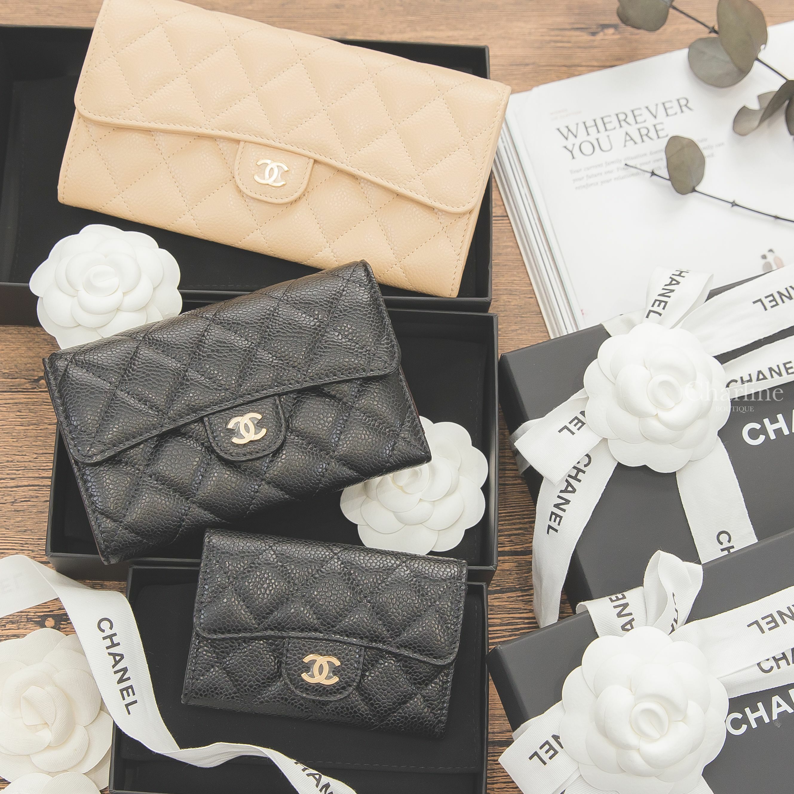 Chanel Wallet 黑色金CC荔枝菱格紋前釦式中夾,Chanel Wallet 裸色金CC荔枝菱格紋前扣式長夾,Chanel Card Holder 黑色金CC荔枝菱格紋零錢夾-Charline Boutique 精品代購