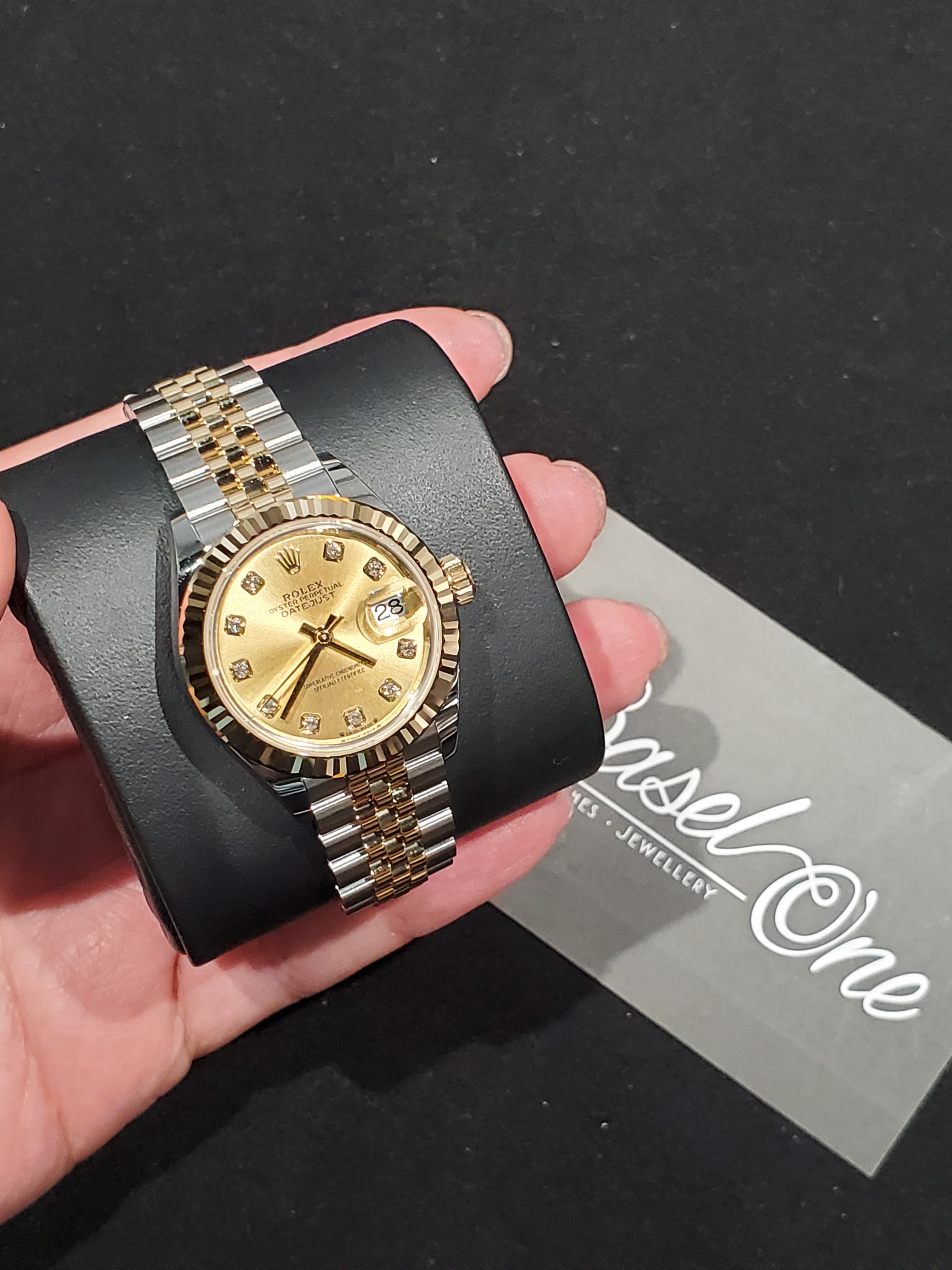 BRAND NEW ROLEX 279173 CHAMAGNE DIAL WITH DIAMOND YELLOW GOLD DATEJUST JUBILEE STRAP 28 MM