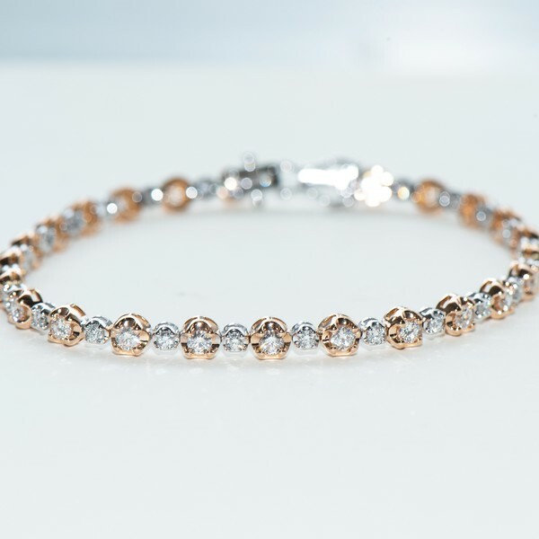 18K Double Tone 2mm & 2.7mm 2.46ct Tennis Diamond Bracelet
