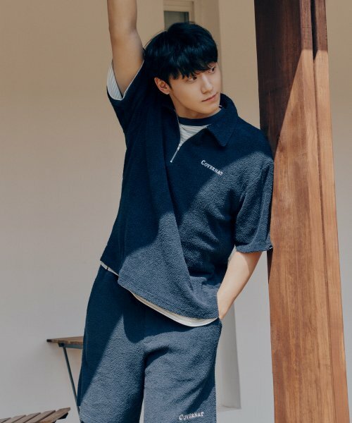 COVERNAT 半拉鍊造型 領口 短袖 海軍藍