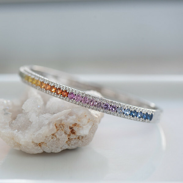 18K Rainbow Sapphire Diamond Bangle - Size M