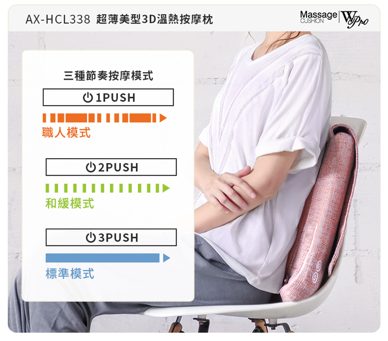 AX-HCL338 超薄美型3D溫熱按摩枕Massage CUSHION三種節奏按摩模式職人模式1PUSH①2PUSH和緩模式①3PUSH標準模式