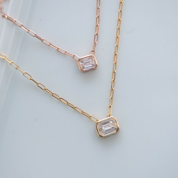 18K Emerald Pie Cut Diamond Block Chain Necklace