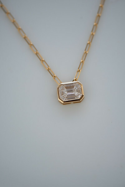 18K Emerald Pie Cut Diamond Block Chain Necklace