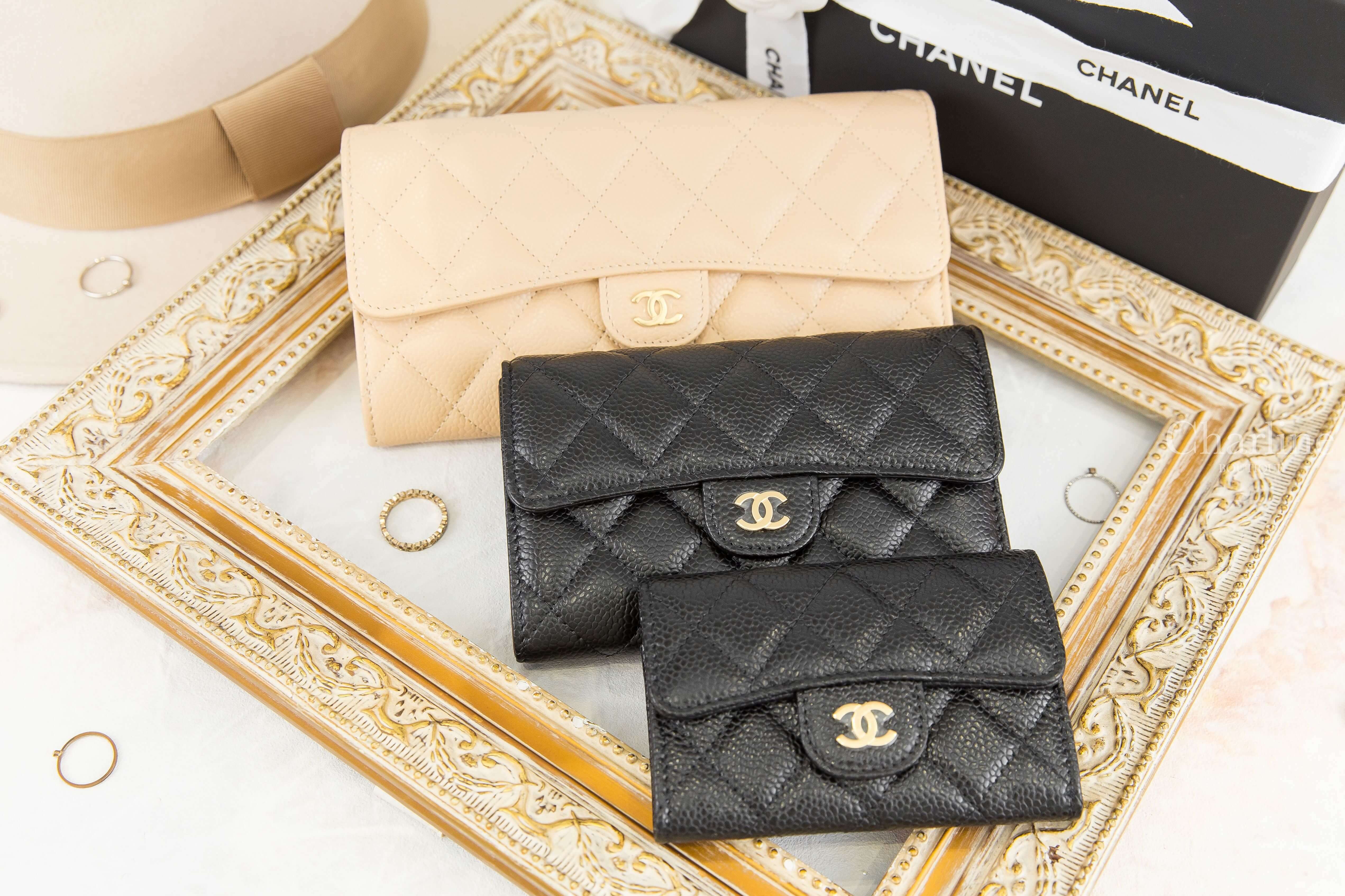 Chanel Wallet 黑色金CC荔枝菱格紋前釦式中夾,Chanel Wallet 裸色金CC荔枝菱格紋前扣式長夾,Chanel Card Holder 黑色金CC荔枝菱格紋零錢夾-Charline Boutique 精品代購