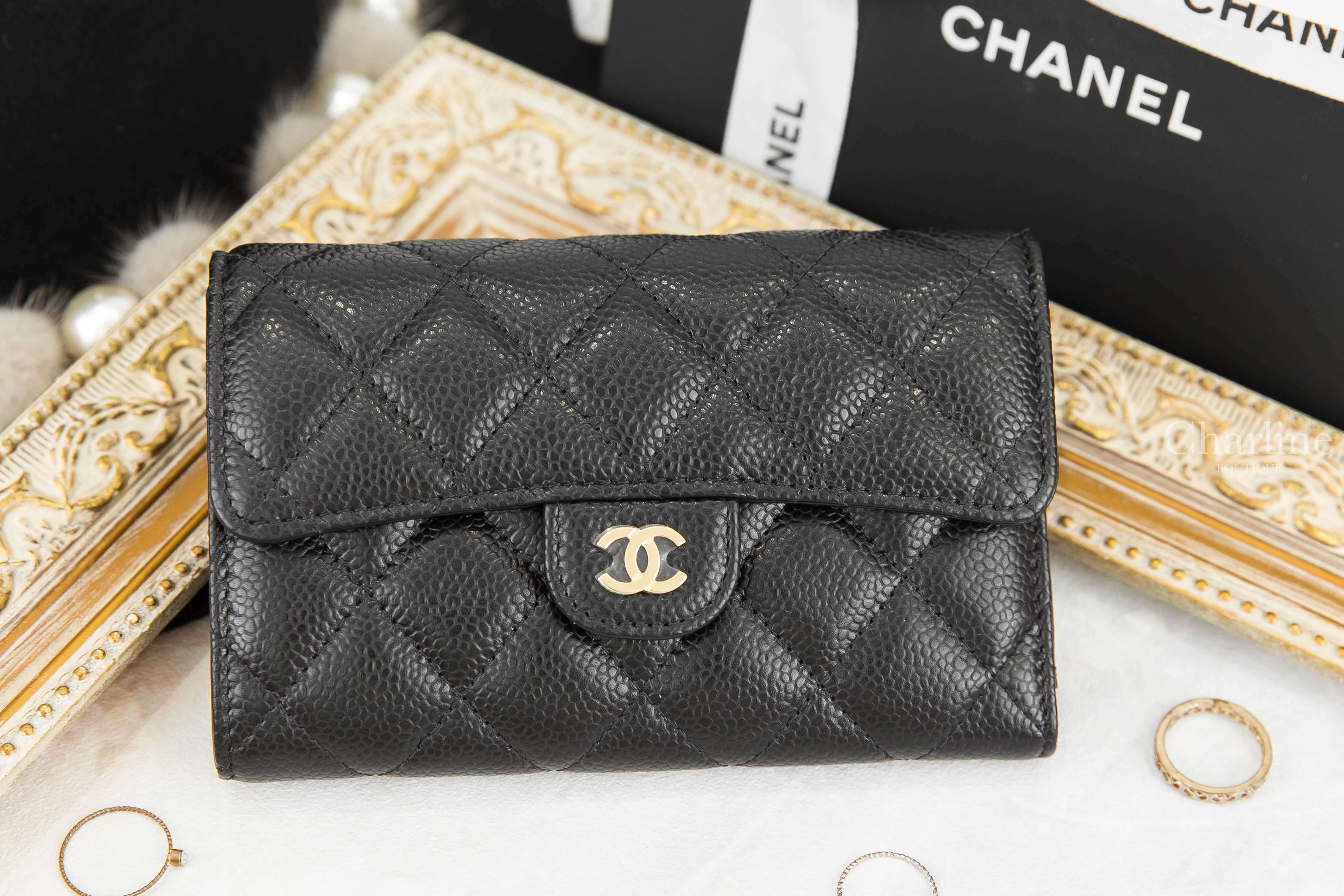 Chanel Medium Flap Wallet 黑色金CC荔枝菱格紋前釦式中夾