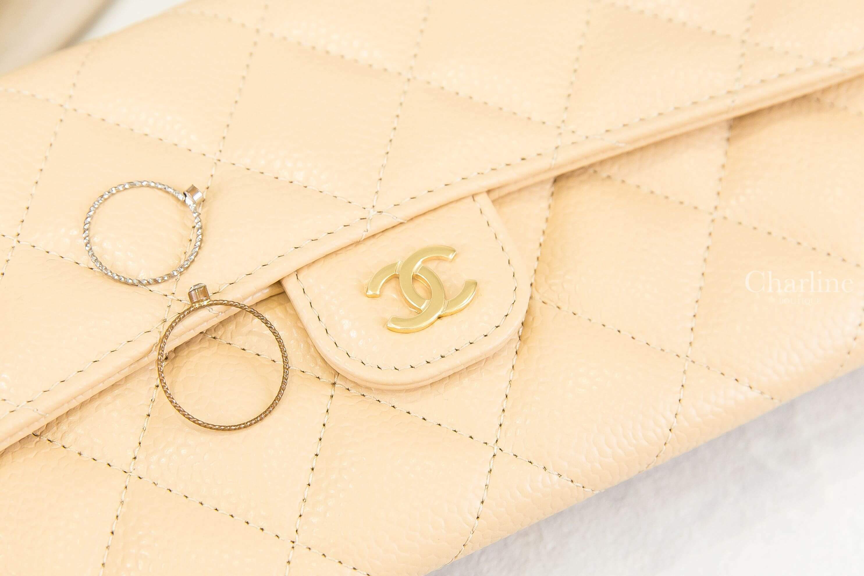 Chanel Classic Long Flap Wallet 裸色金CC荔枝菱格紋前釦式長夾